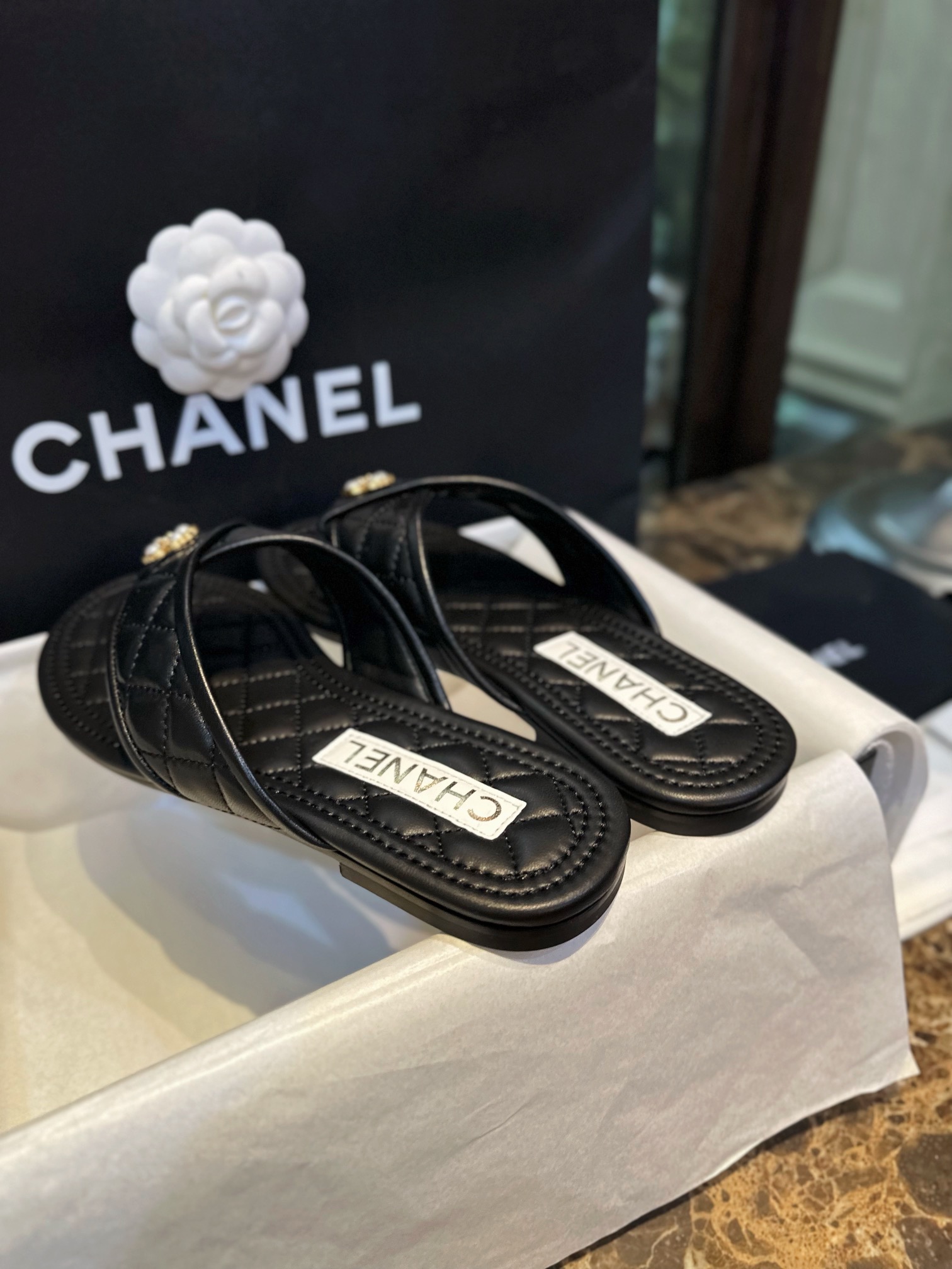 Chanel Black Diamond Pattern Pearl Buckle Slide Sandals: Luxurious Sheepskin with Italian Semi-Transparent Leather Sole