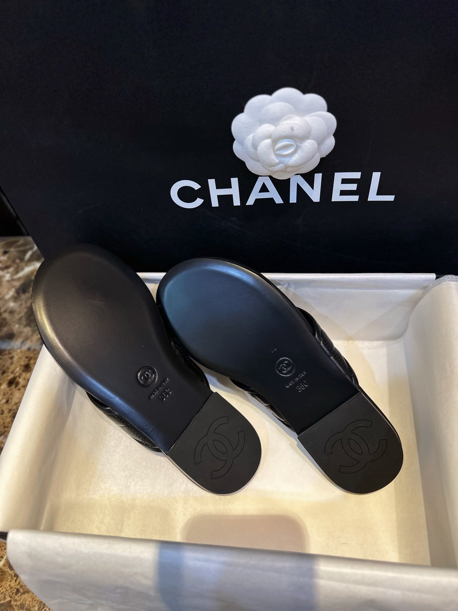 Chanel Black Diamond Pattern Pearl Buckle Slide Sandals: Luxurious Sheepskin with Italian Semi-Transparent Leather Sole