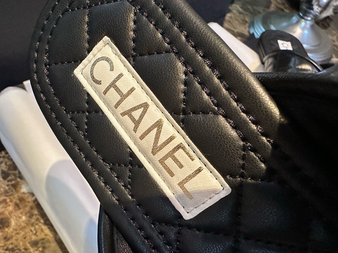 Chanel Black Diamond Pattern Pearl Buckle Slide Sandals: Luxurious Sheepskin with Italian Semi-Transparent Leather Sole