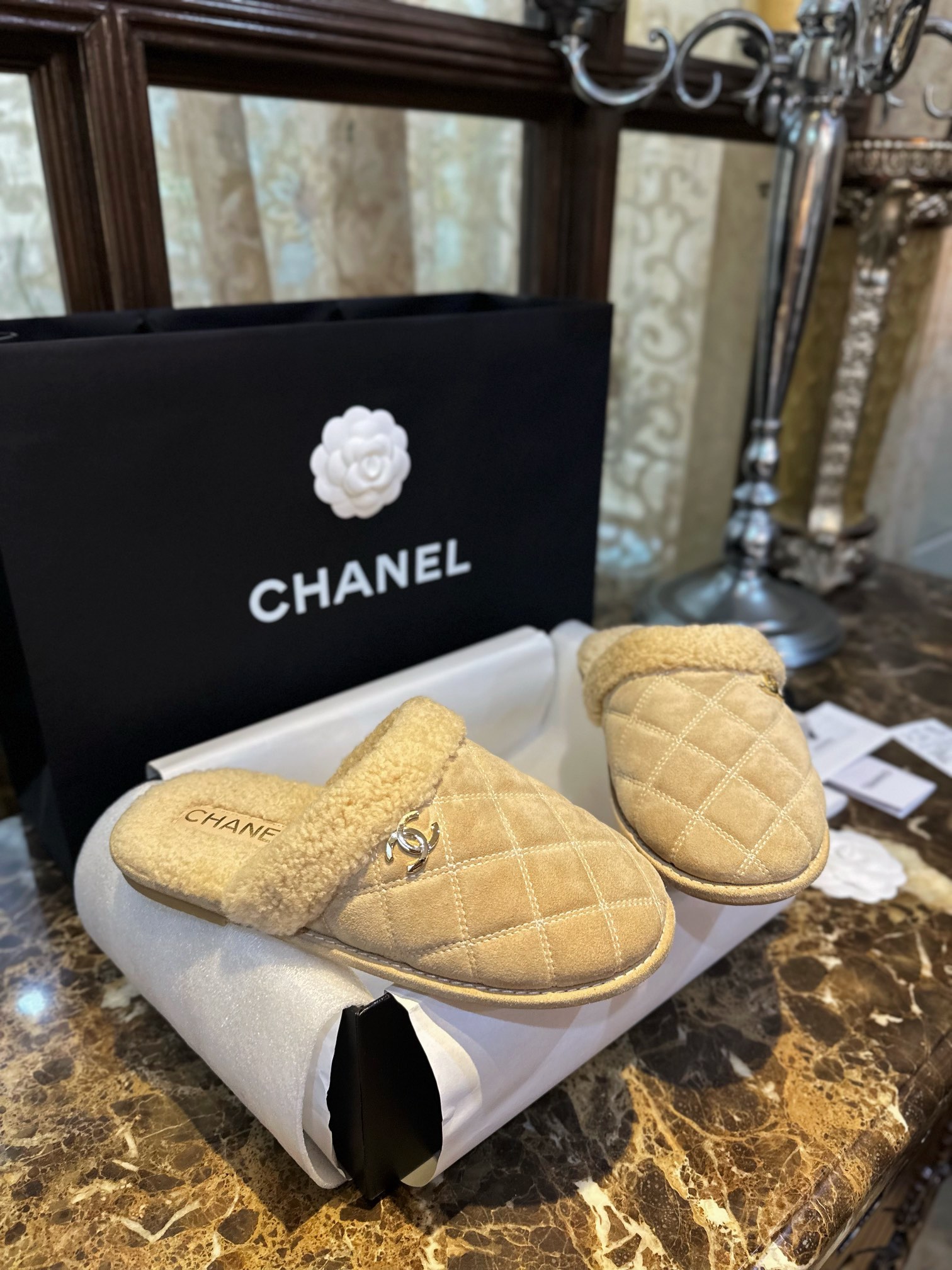 Chanel Shearling Grid Pattern Slide Sandals: Warmth and Style Combined with Luxurious Sheepskin and Cozy Shearling