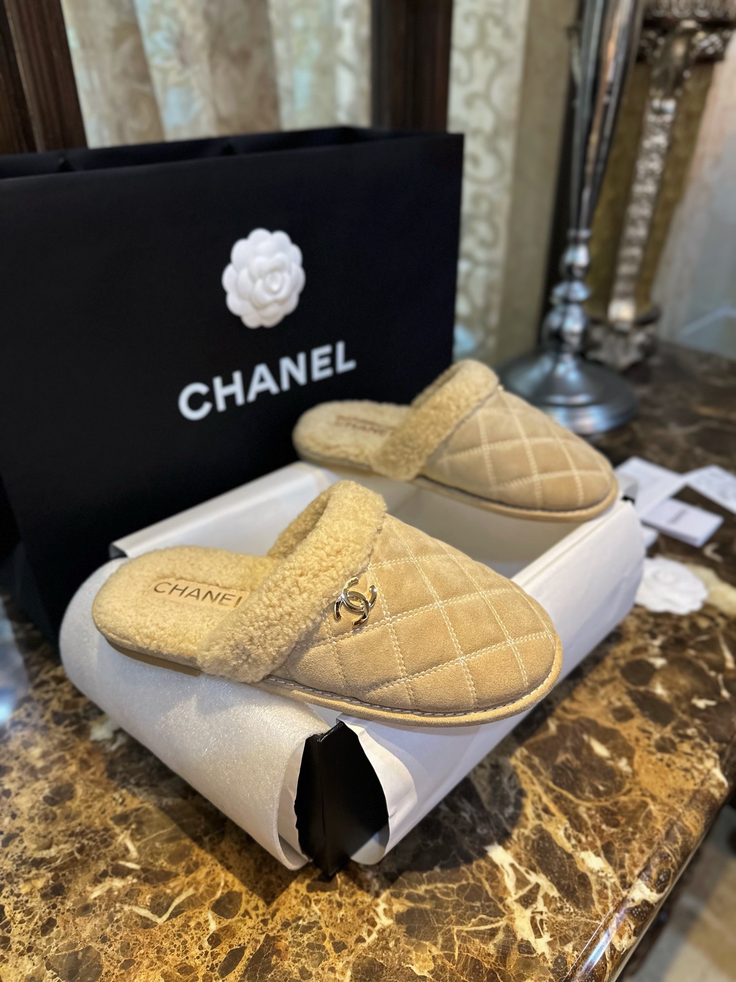 Chanel Shearling Grid Pattern Slide Sandals: Warmth and Style Combined with Luxurious Sheepskin and Cozy Shearling