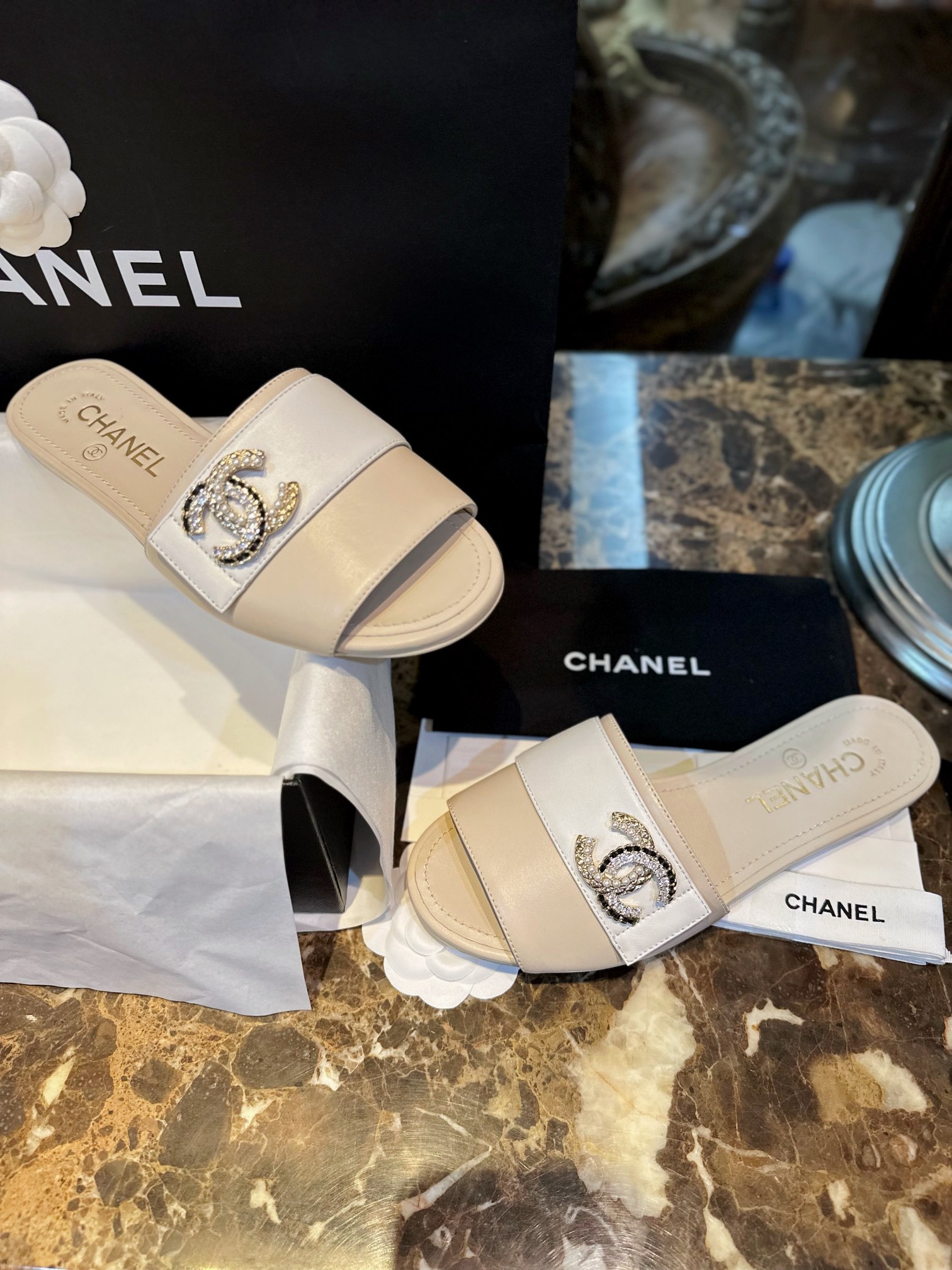 Chanel Pearl and Rhinestone Buckle Slides