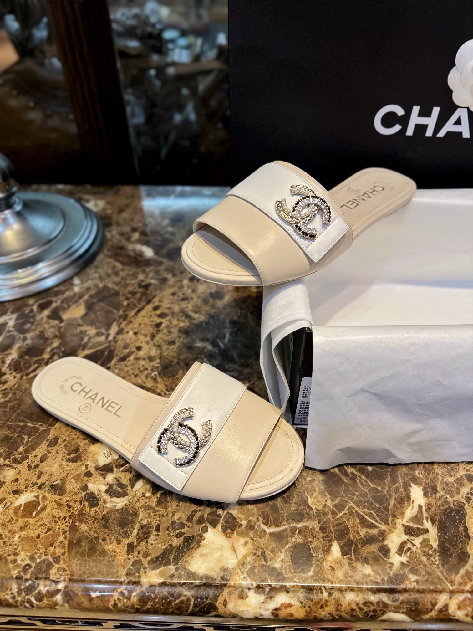 Chanel Pearl and Rhinestone Buckle Slides