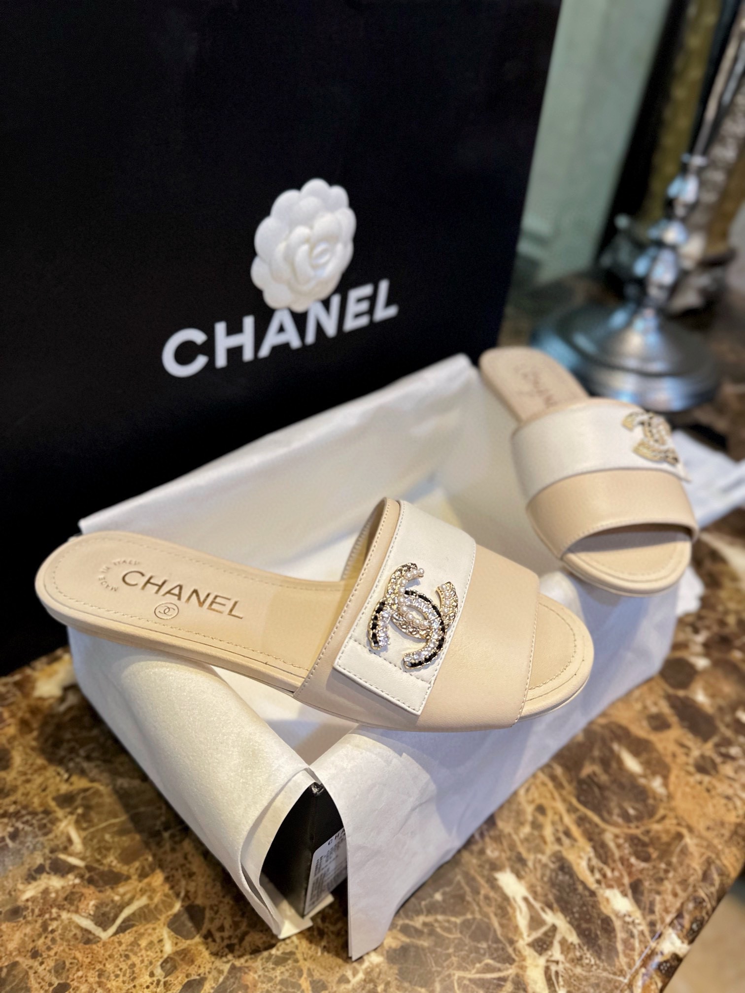 Chanel Pearl and Rhinestone Buckle Slides