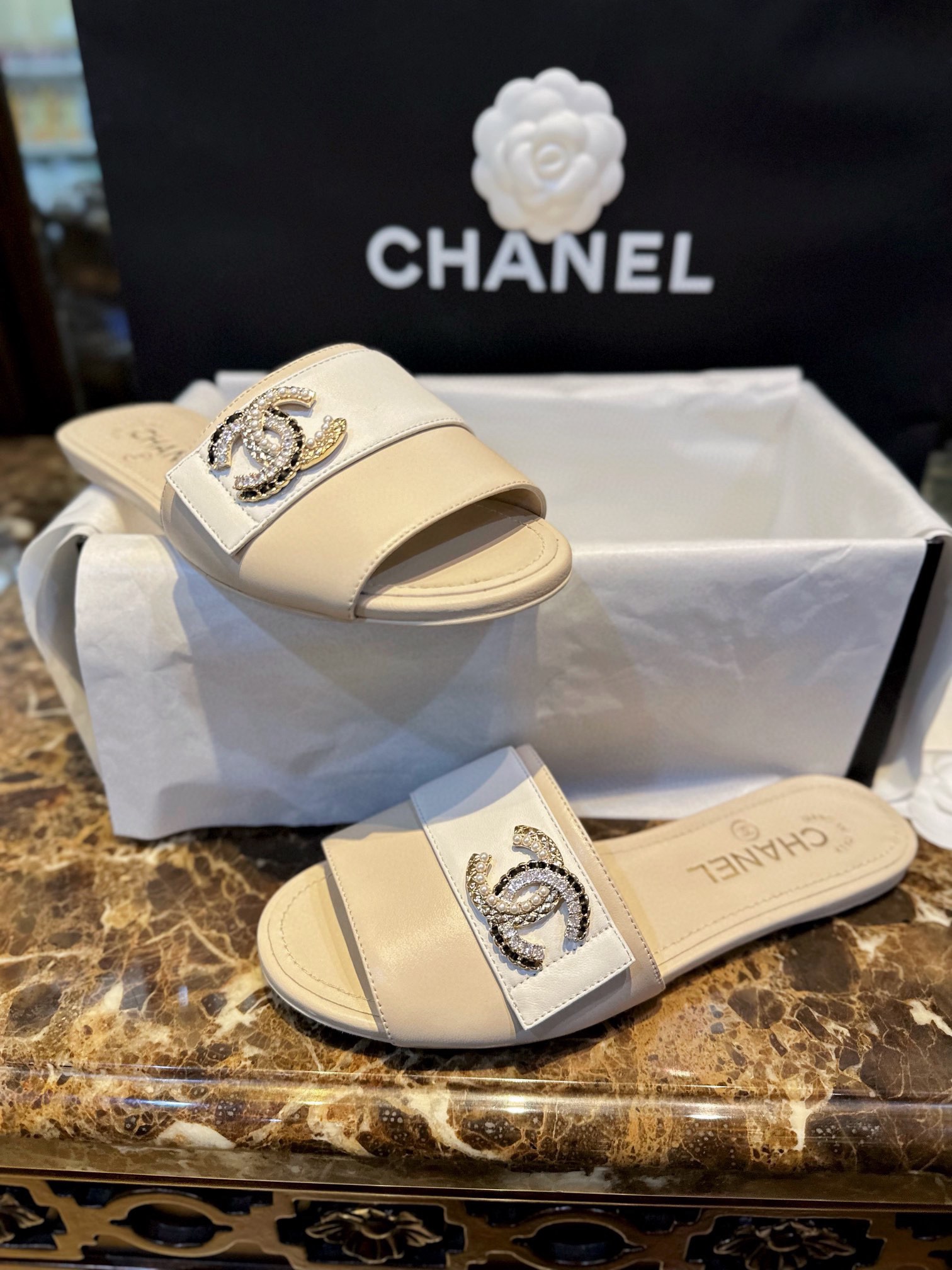 Chanel Pearl and Rhinestone Buckle Slides