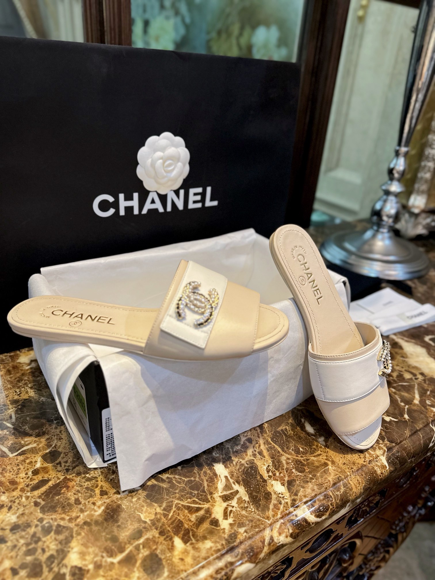 Chanel Pearl and Rhinestone Buckle Slides