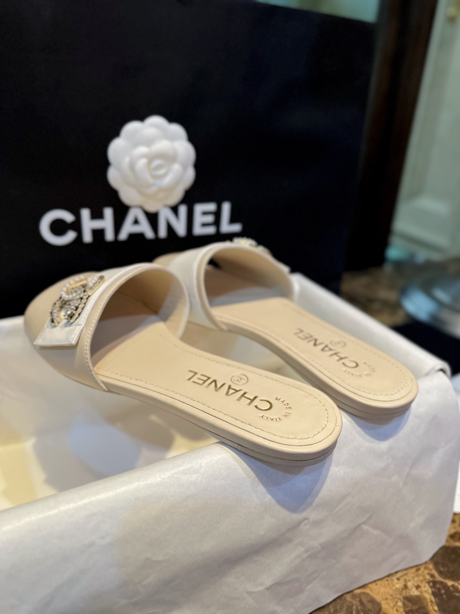 Chanel Pearl and Rhinestone Buckle Slides