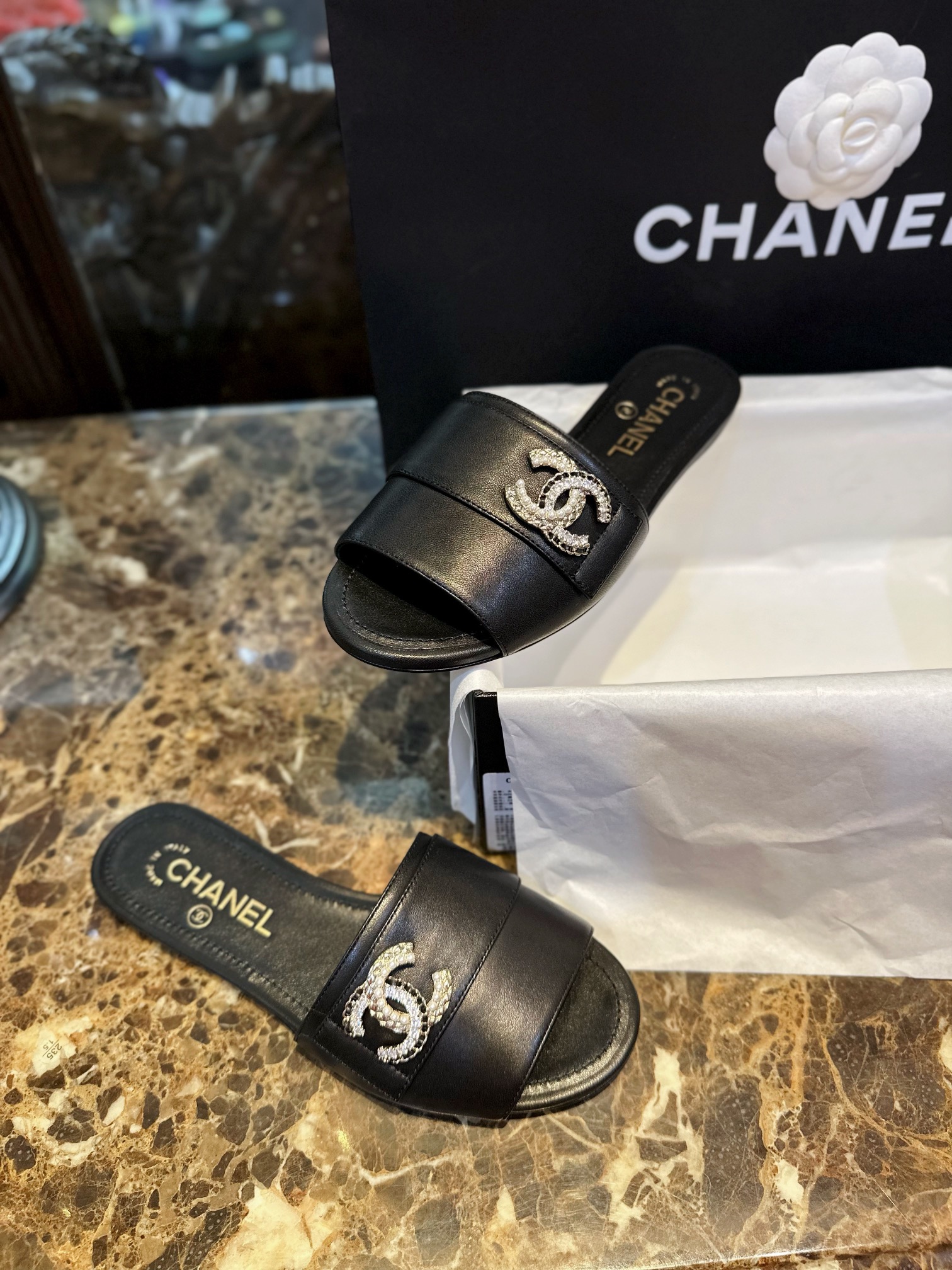 Chanel Apricot and Black Pearl Rhinestone Buckle Slides