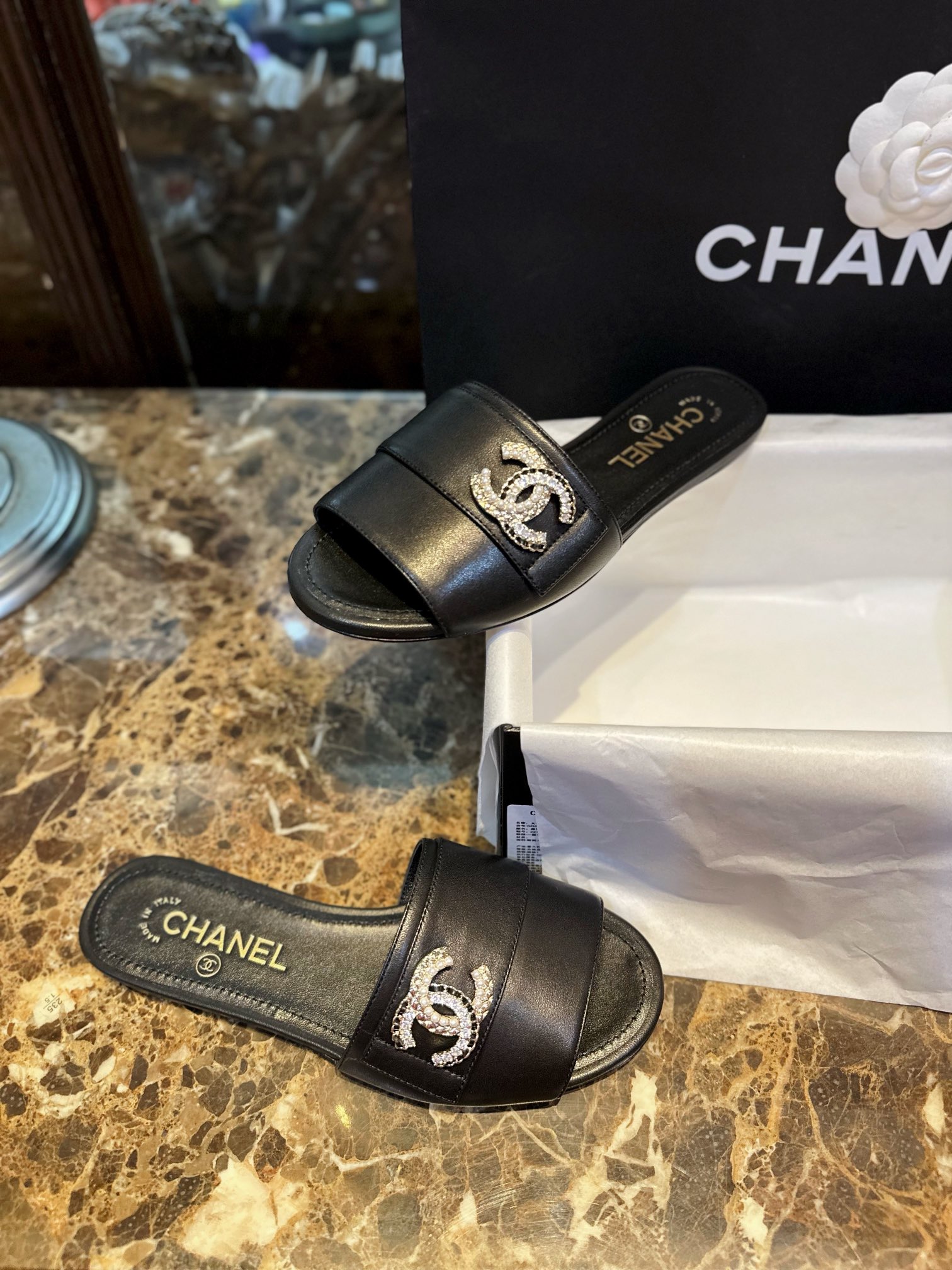 Chanel Apricot and Black Pearl Rhinestone Buckle Slides