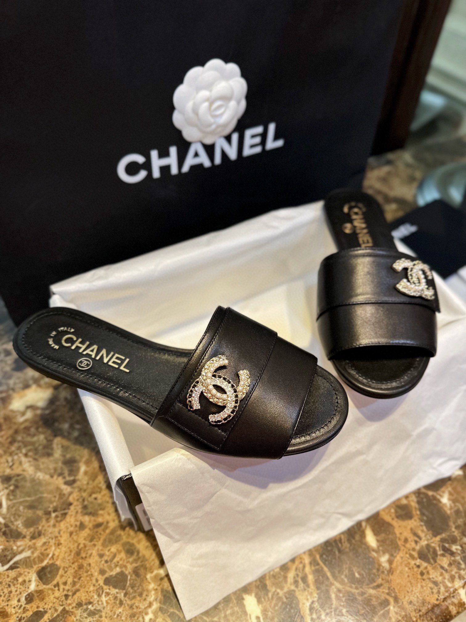 Chanel Apricot and Black Pearl Rhinestone Buckle Slides