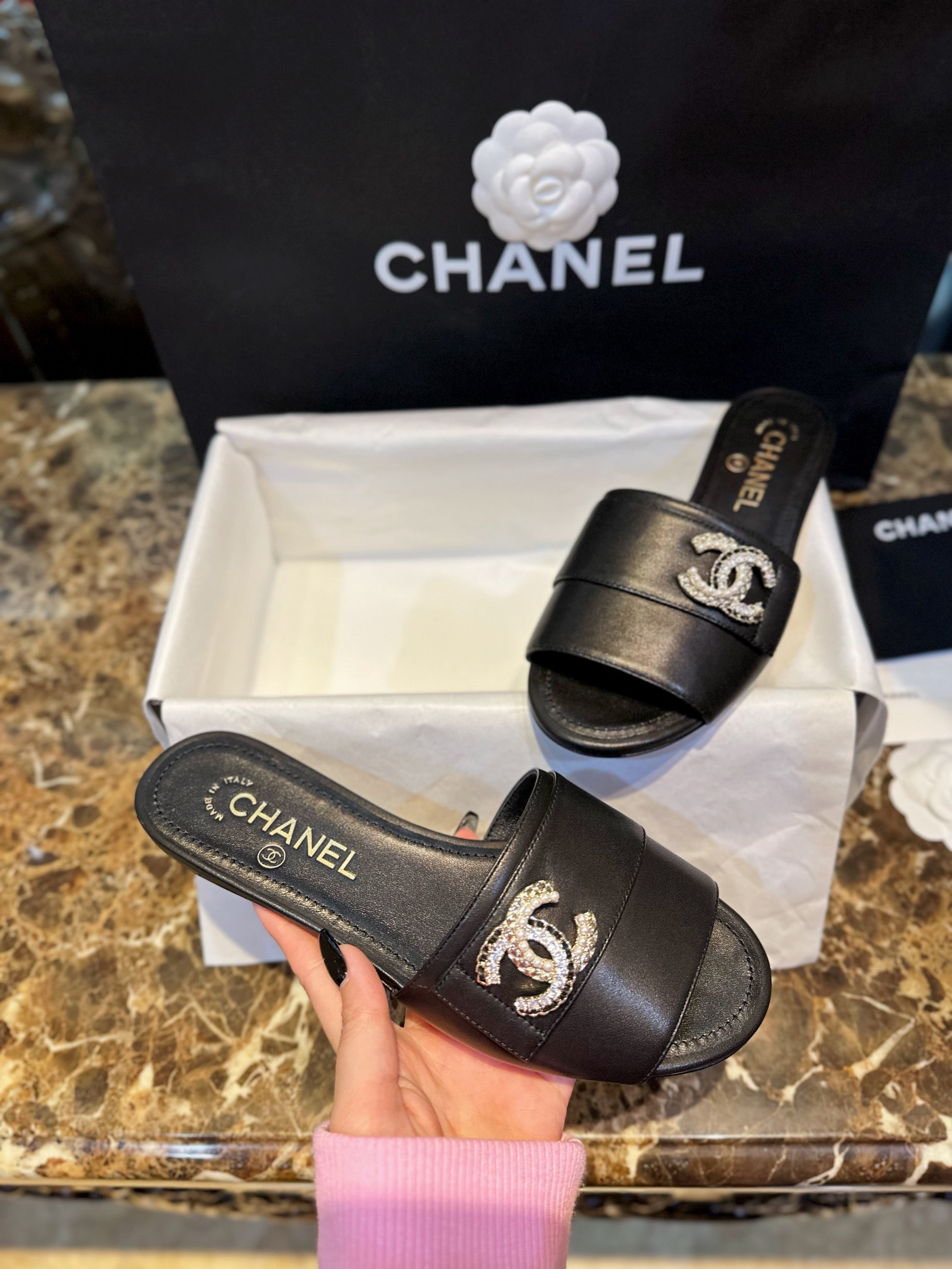 Chanel Apricot and Black Pearl Rhinestone Buckle Slides