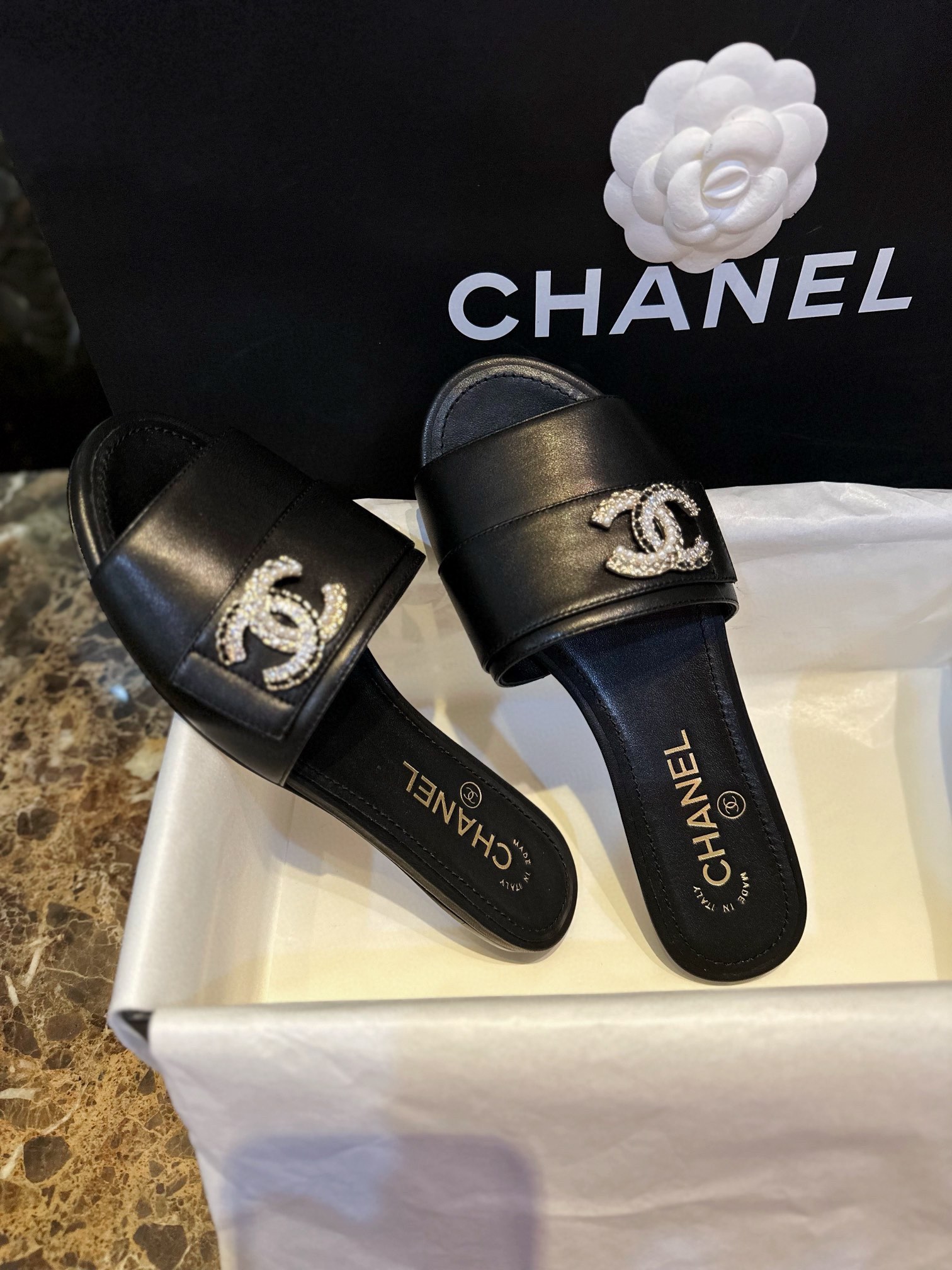 Chanel Apricot and Black Pearl Rhinestone Buckle Slides