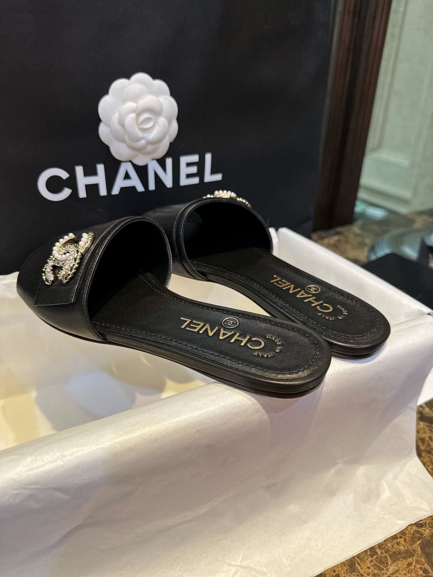 Chanel Apricot and Black Pearl Rhinestone Buckle Slides