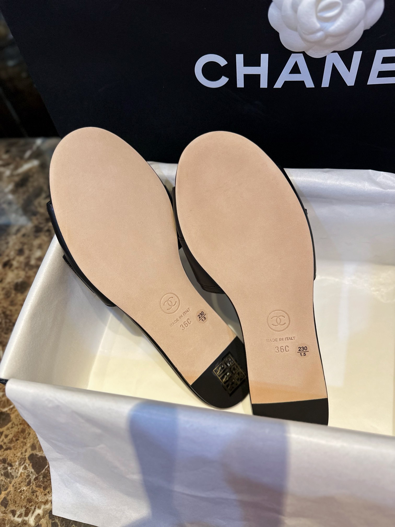 Chanel Apricot and Black Pearl Rhinestone Buckle Slides