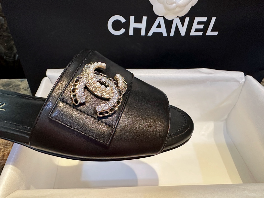 Chanel Apricot and Black Pearl Rhinestone Buckle Slides