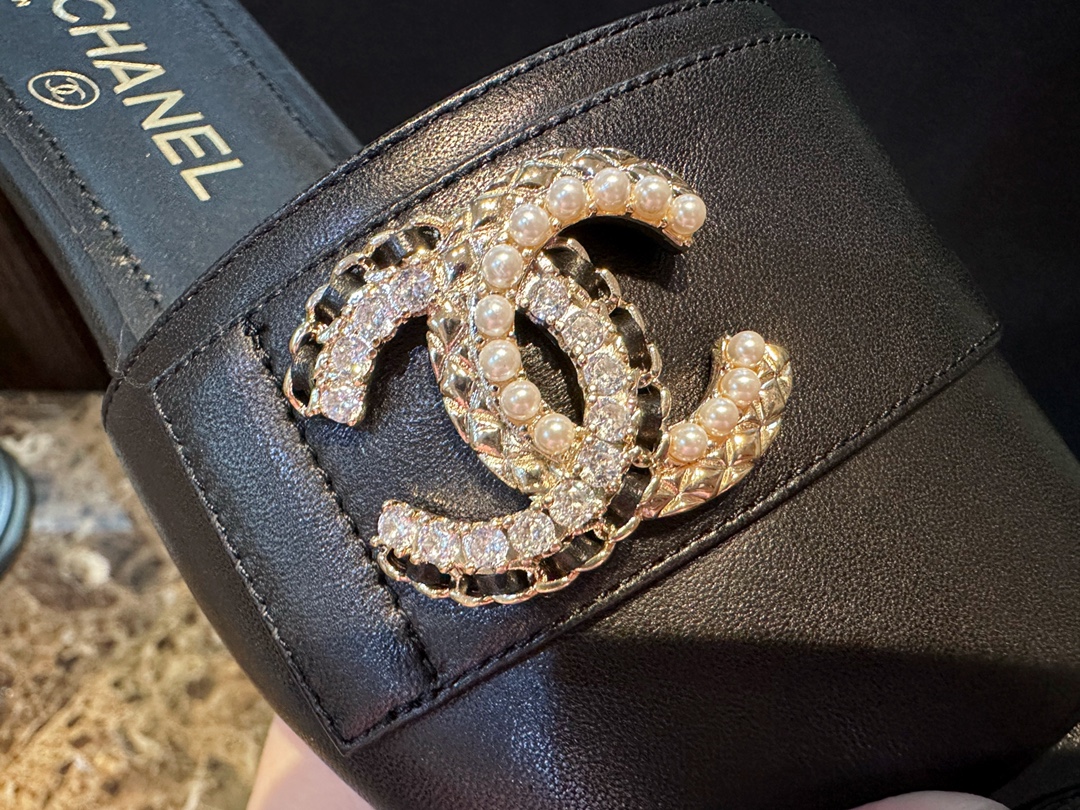 Chanel Apricot and Black Pearl Rhinestone Buckle Slides