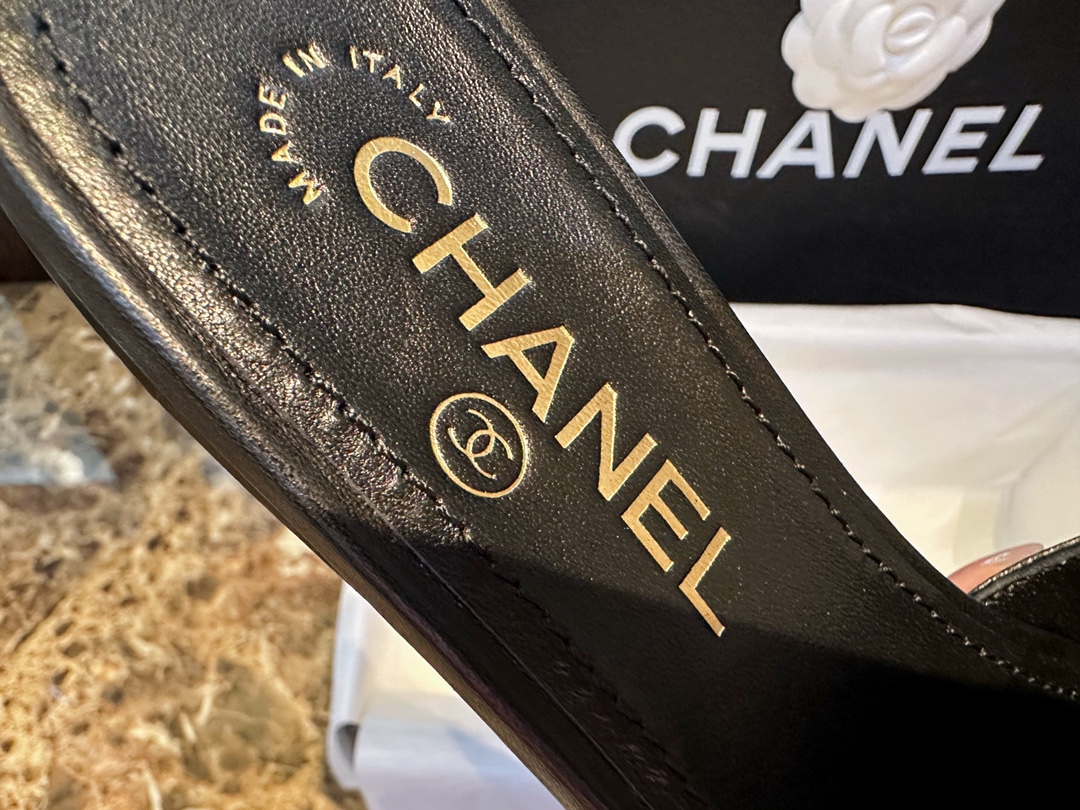 Chanel Apricot and Black Pearl Rhinestone Buckle Slides