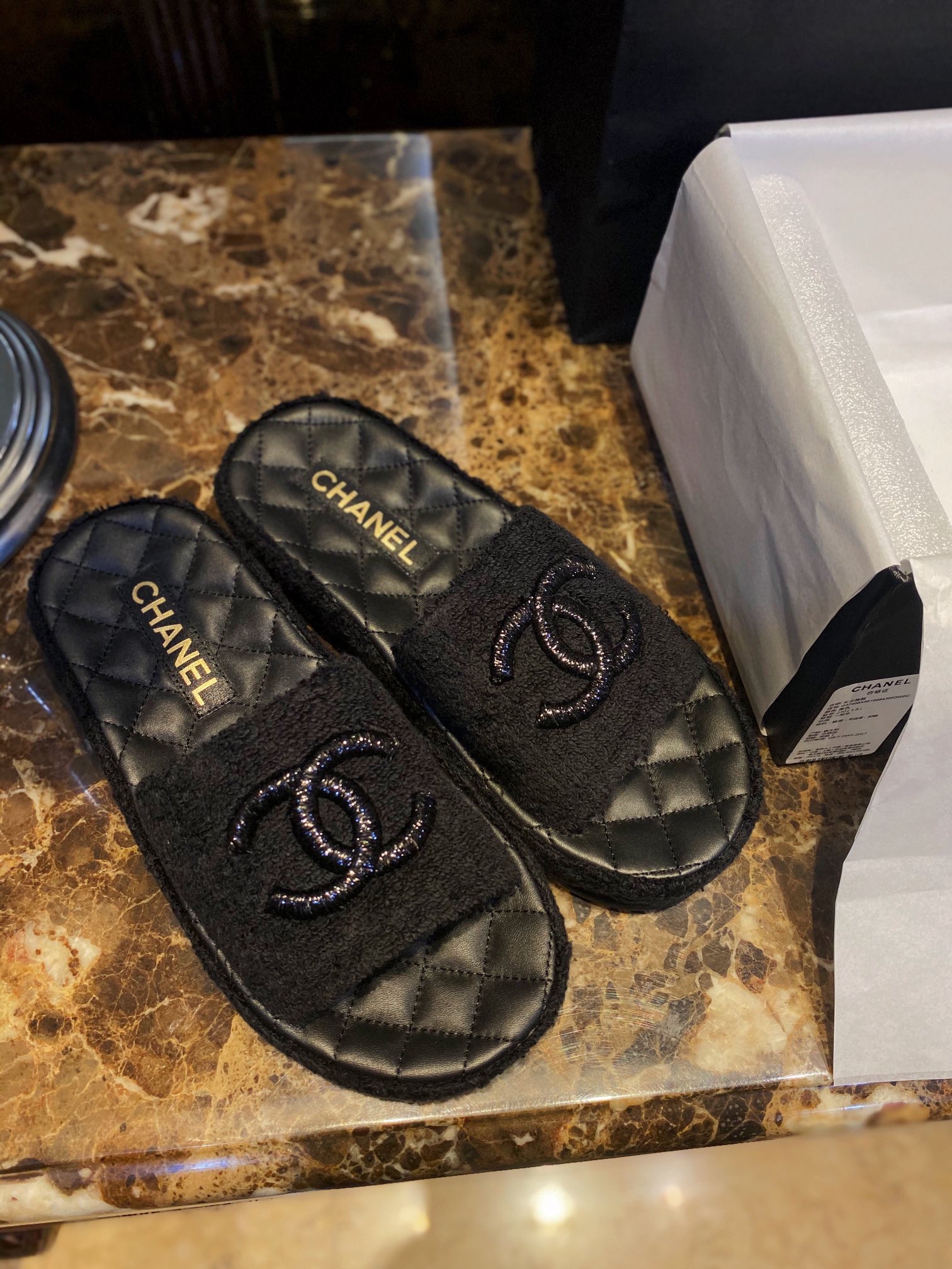 Chanel Black Towel Embroidered Thick-Sole Slippers: Comfortable Luxury with Cotton Towel Lining and Sheepskin Insole