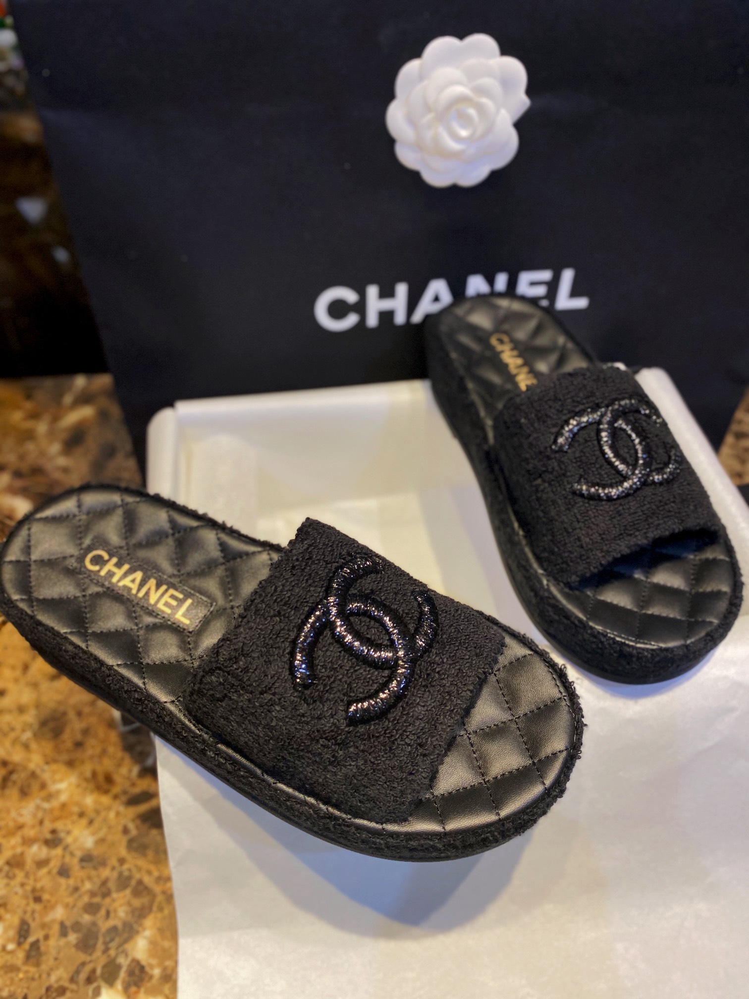 Chanel Black Towel Embroidered Thick-Sole Slippers: Comfortable Luxury with Cotton Towel Lining and Sheepskin Insole