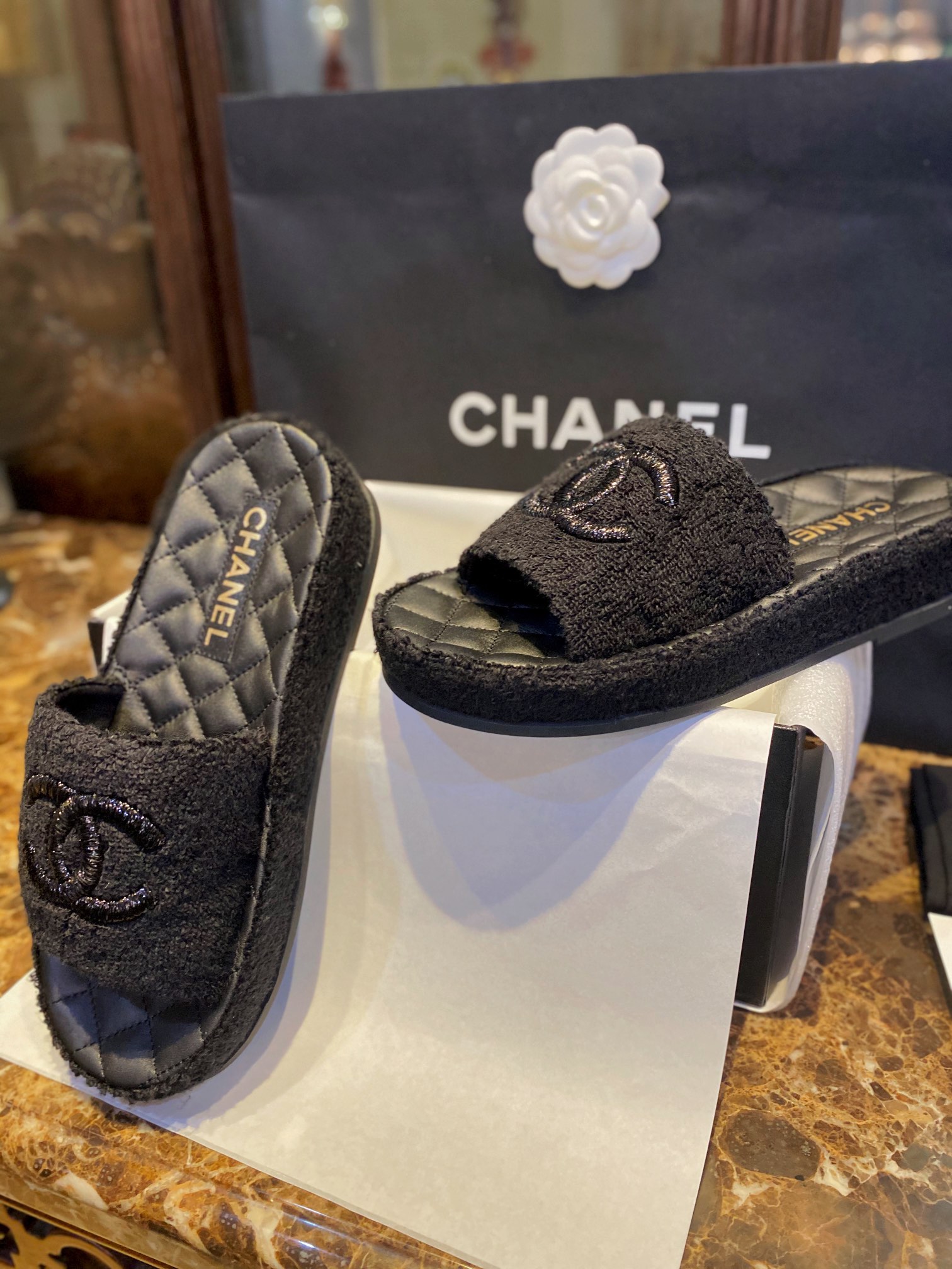 Chanel Black Towel Embroidered Thick-Sole Slippers: Comfortable Luxury with Cotton Towel Lining and Sheepskin Insole