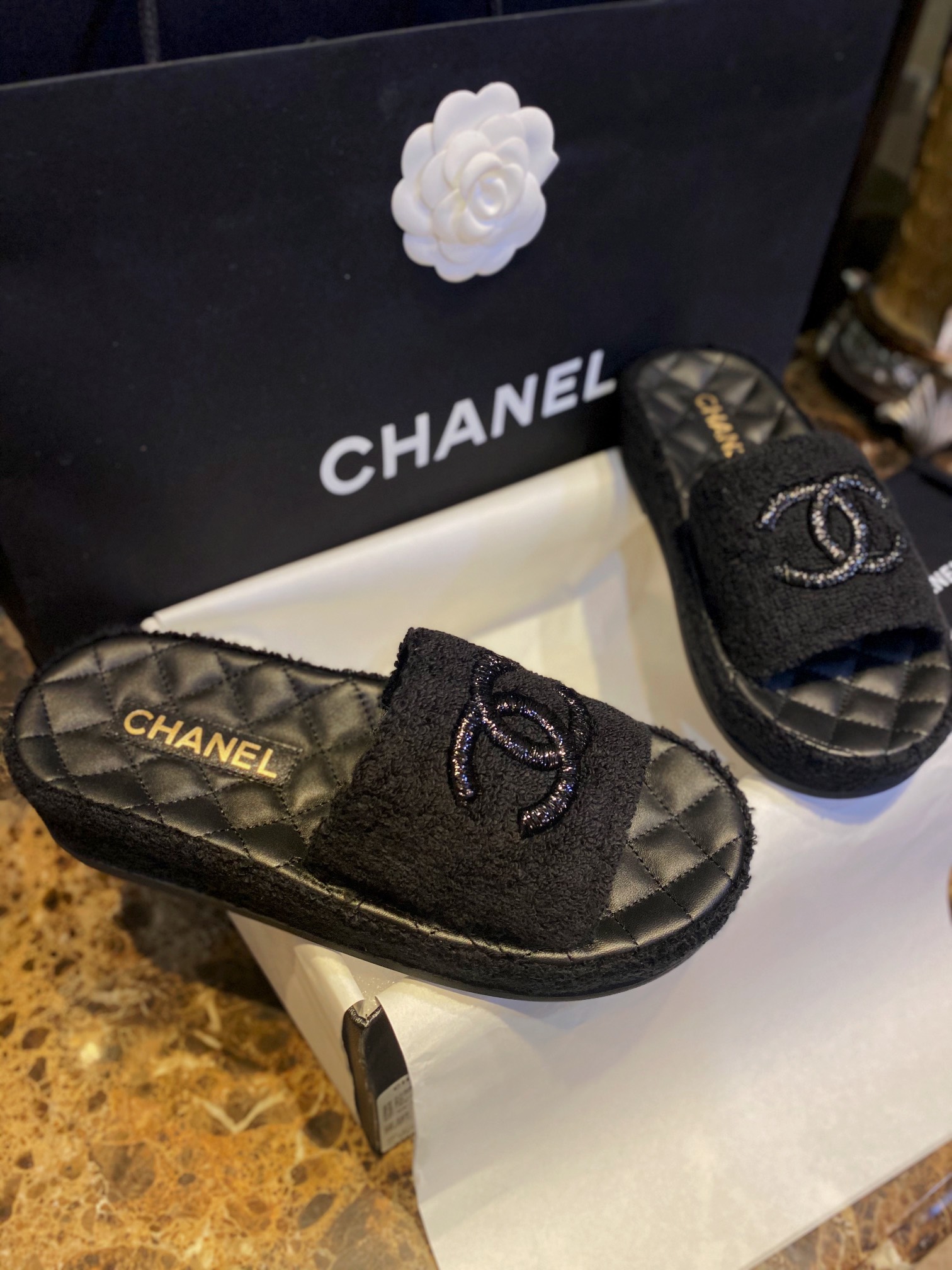 Chanel Black Towel Embroidered Thick-Sole Slippers: Comfortable Luxury with Cotton Towel Lining and Sheepskin Insole