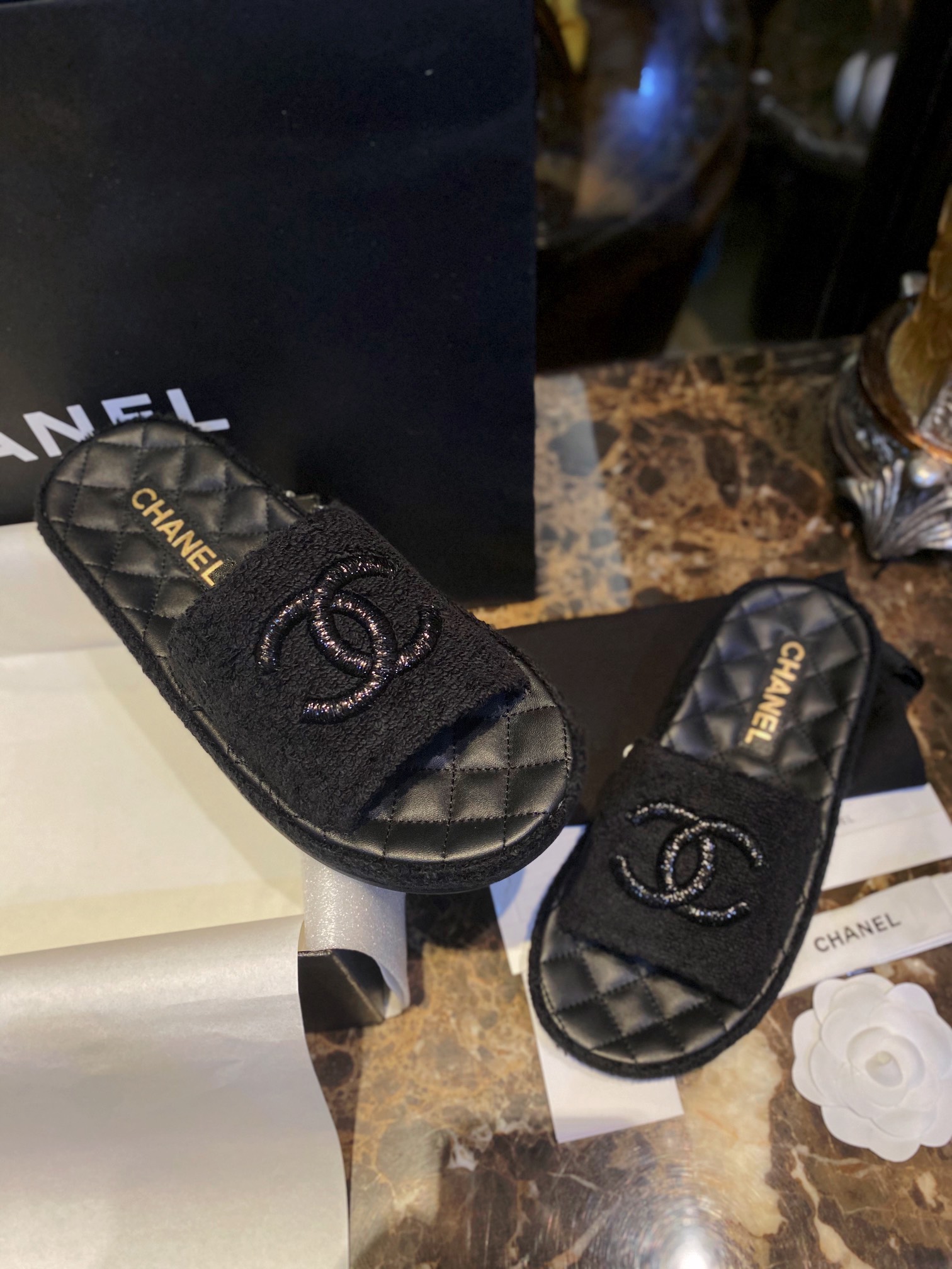 Chanel Black Towel Embroidered Thick-Sole Slippers: Comfortable Luxury with Cotton Towel Lining and Sheepskin Insole