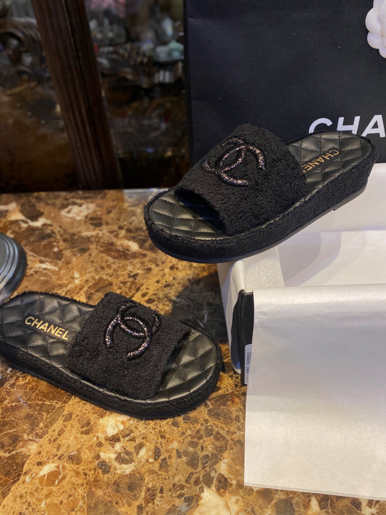 Chanel Black Towel Embroidered Thick-Sole Slippers: Comfortable Luxury with Cotton Towel Lining and Sheepskin Insole