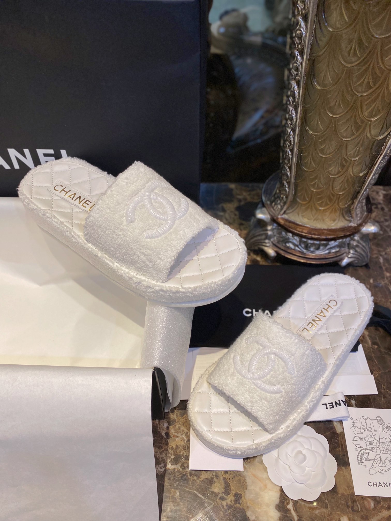 Chanel White Towel Embroidered Thick-Sole Slippers: Elevated Comfort with Delicate Embroidery for Effortless French Chic