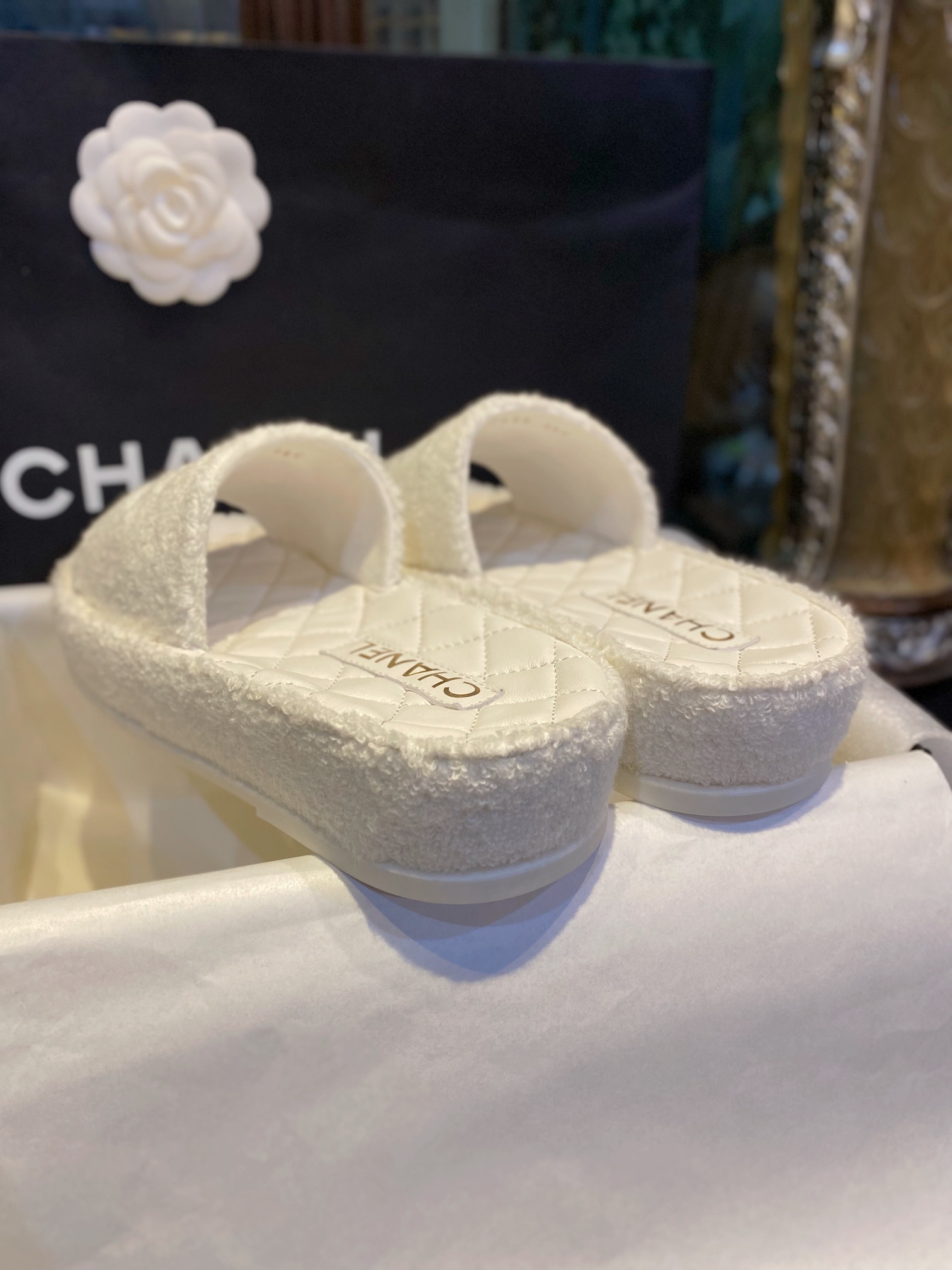 Chanel White Towel Embroidered Thick-Sole Slippers: Elevated Comfort with Delicate Embroidery for Effortless French Chic