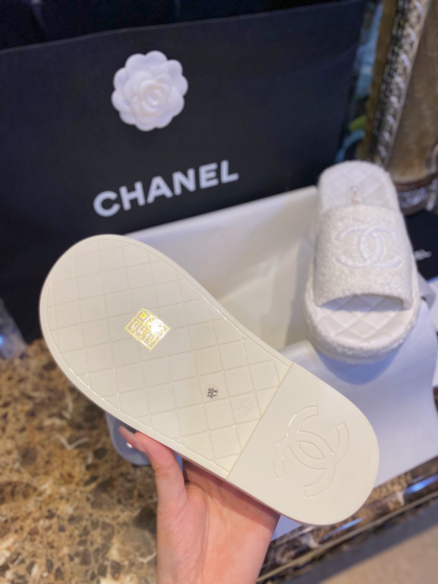 Chanel White Towel Embroidered Thick-Sole Slippers: Elevated Comfort with Delicate Embroidery for Effortless French Chic