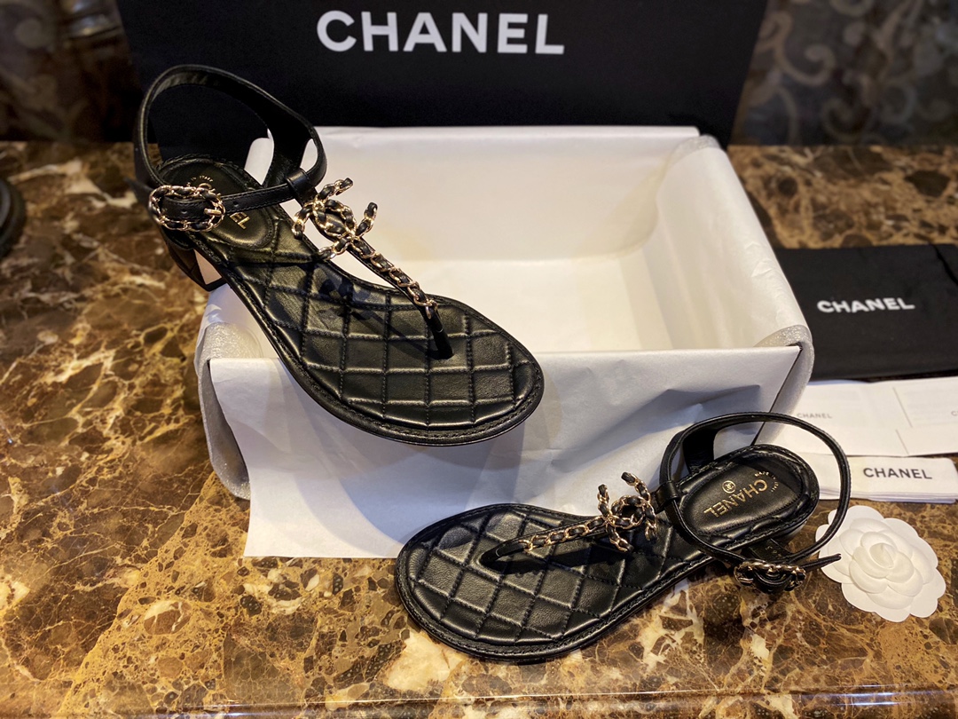 Chanel Black Sheepskin Chunky Heel Slip-On Sandals 