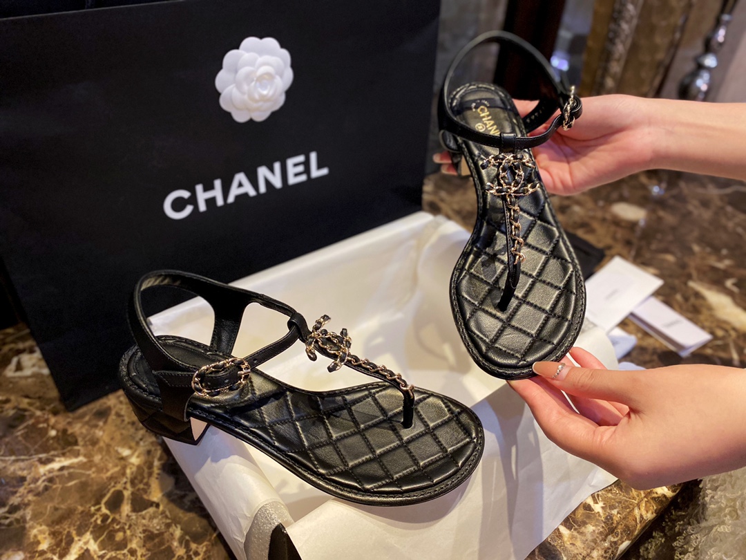 Chanel Black Sheepskin Chunky Heel Slip-On Sandals 