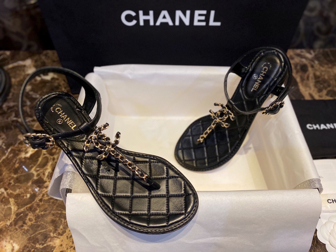 Chanel Black Sheepskin Chunky Heel Slip-On Sandals 