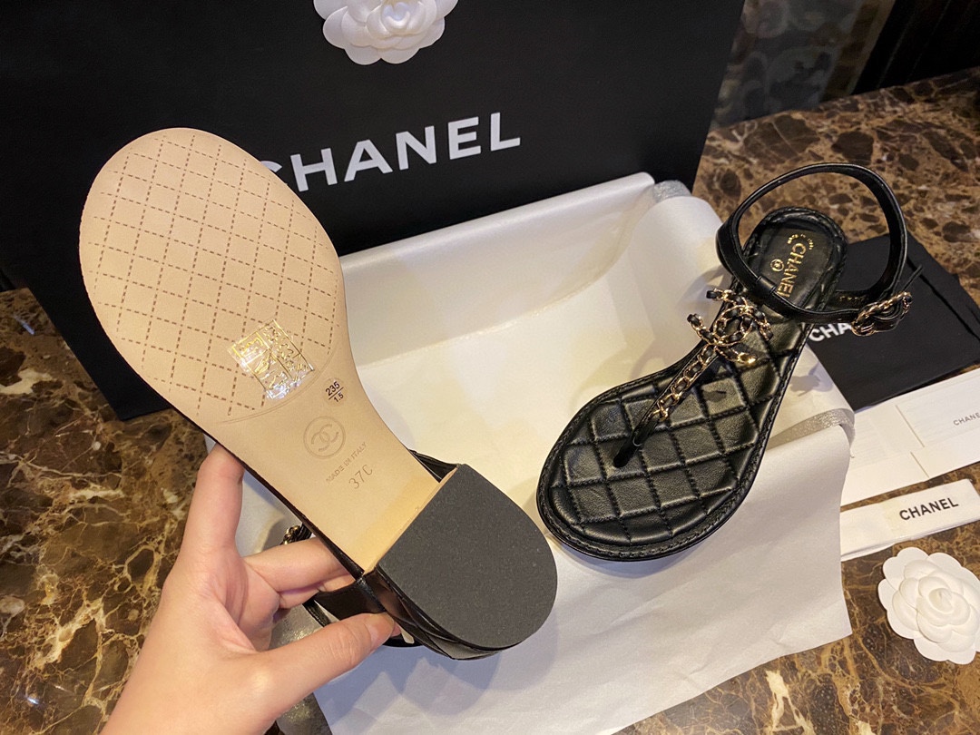 Chanel Black Sheepskin Chunky Heel Slip-On Sandals 