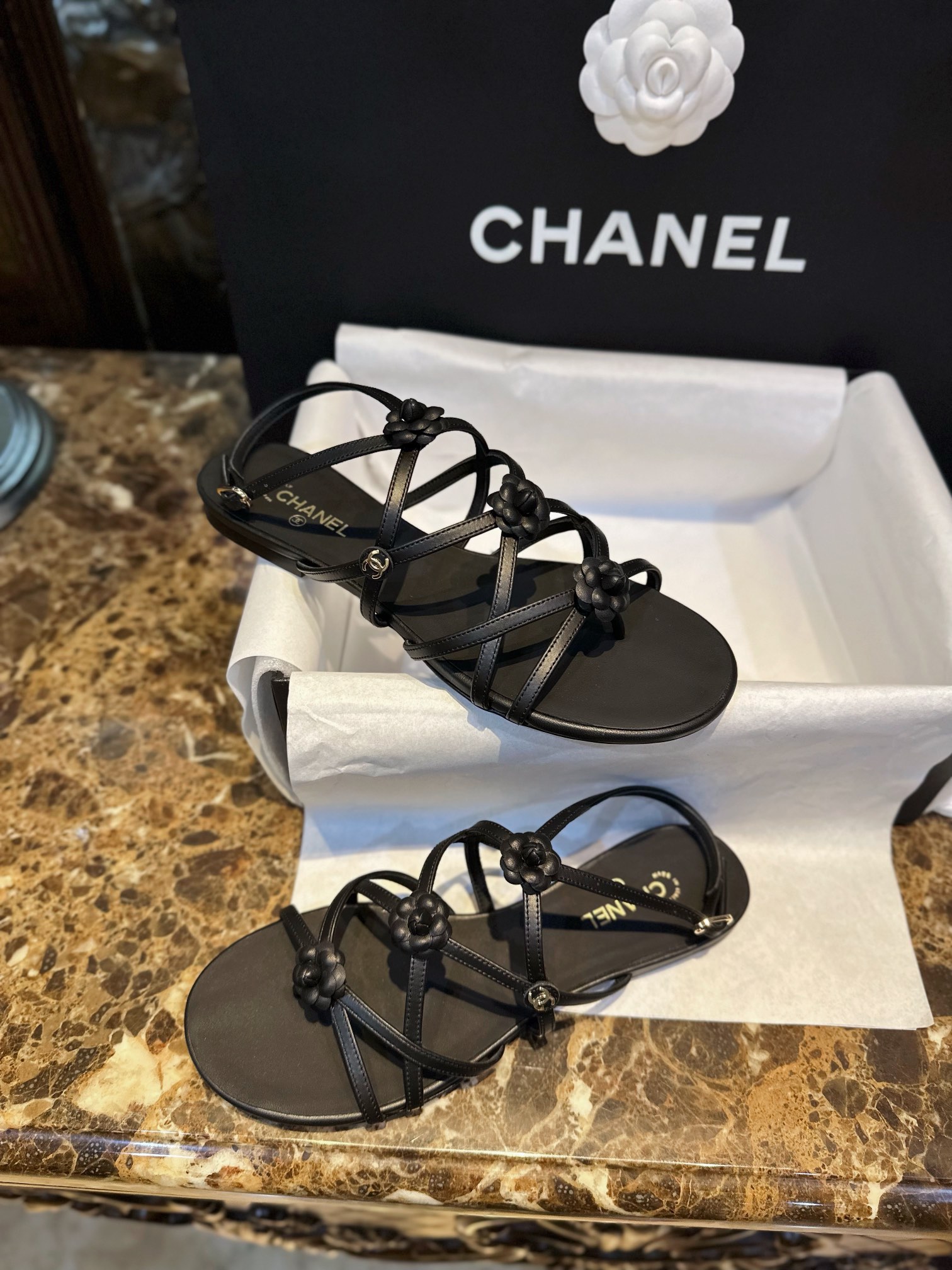 Chanel Black Sheepskin Peep Toe Sandals 