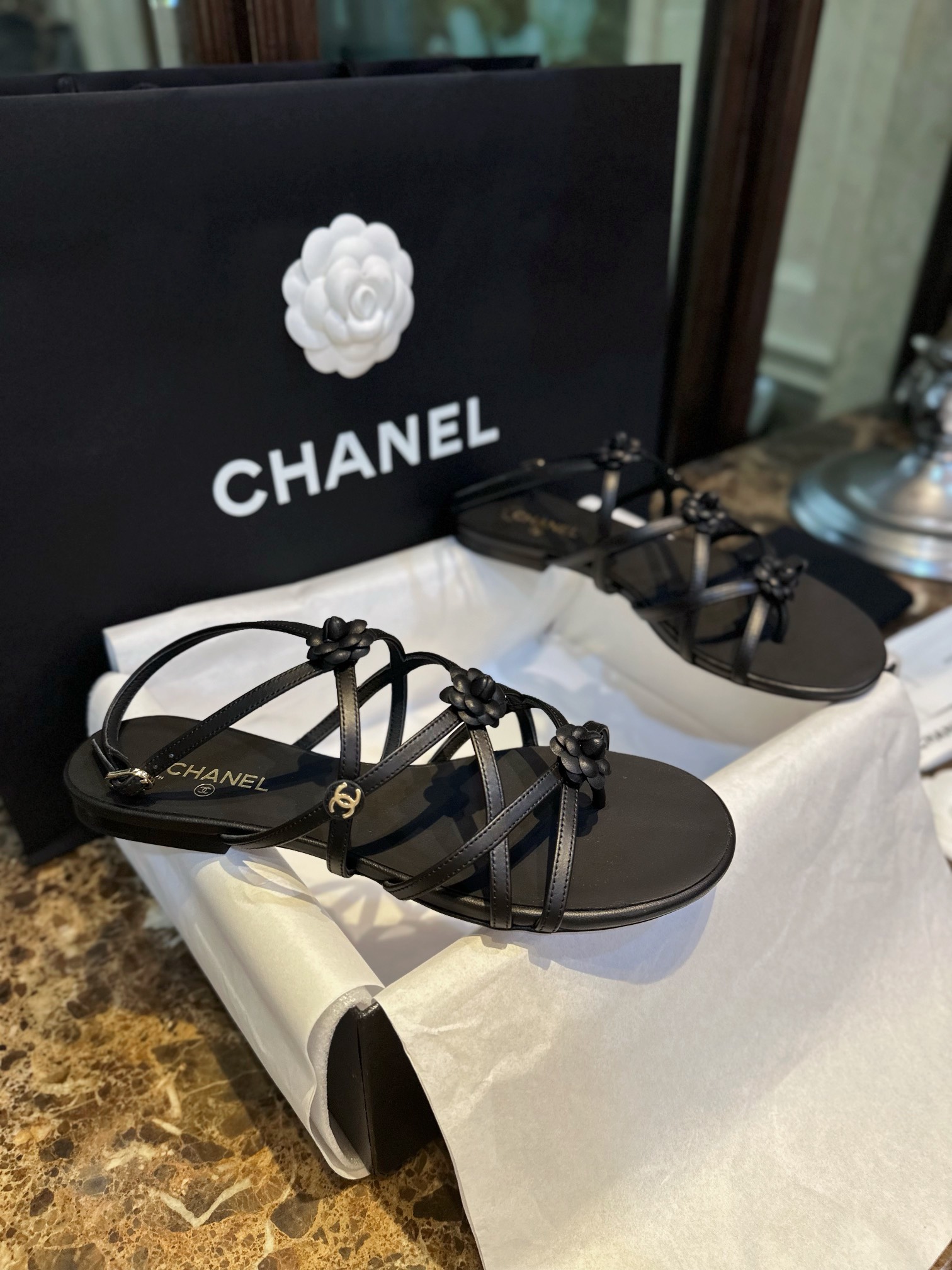 Chanel Black Sheepskin Peep Toe Sandals 