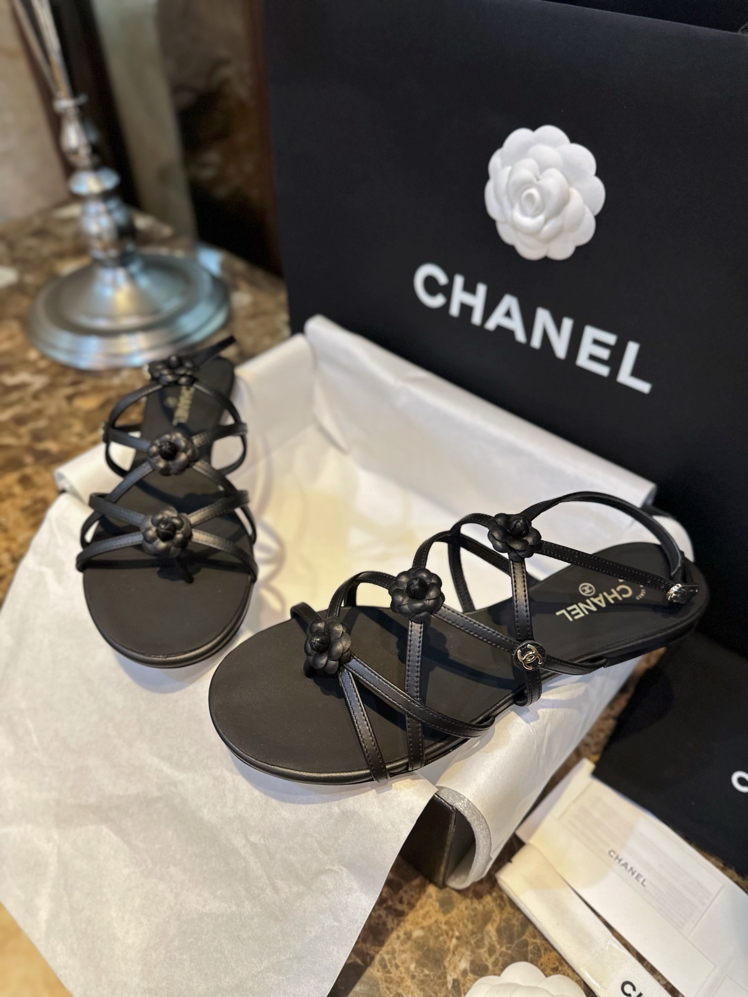 Chanel Black Sheepskin Peep Toe Sandals 