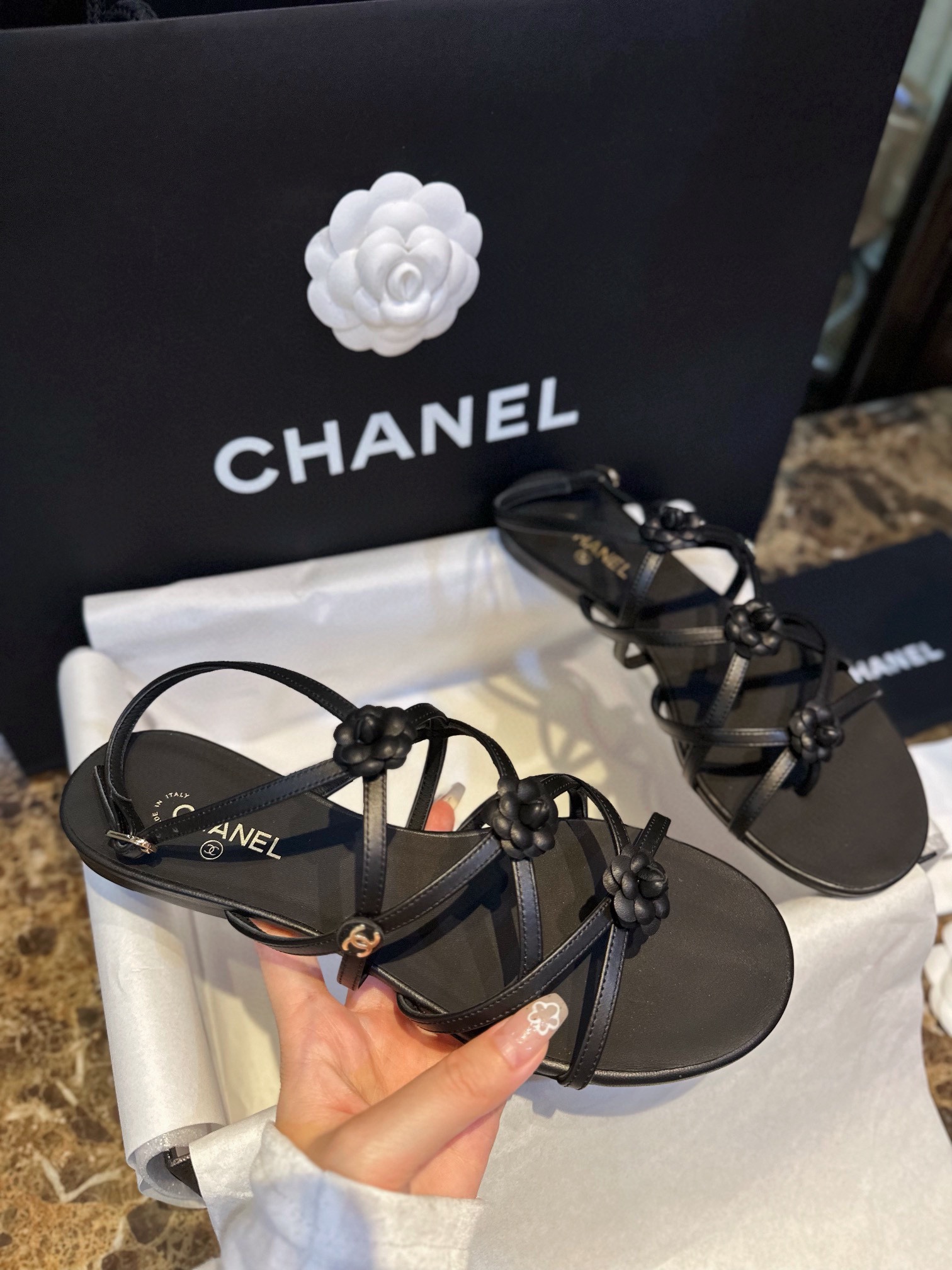 Chanel Black Sheepskin Peep Toe Sandals 