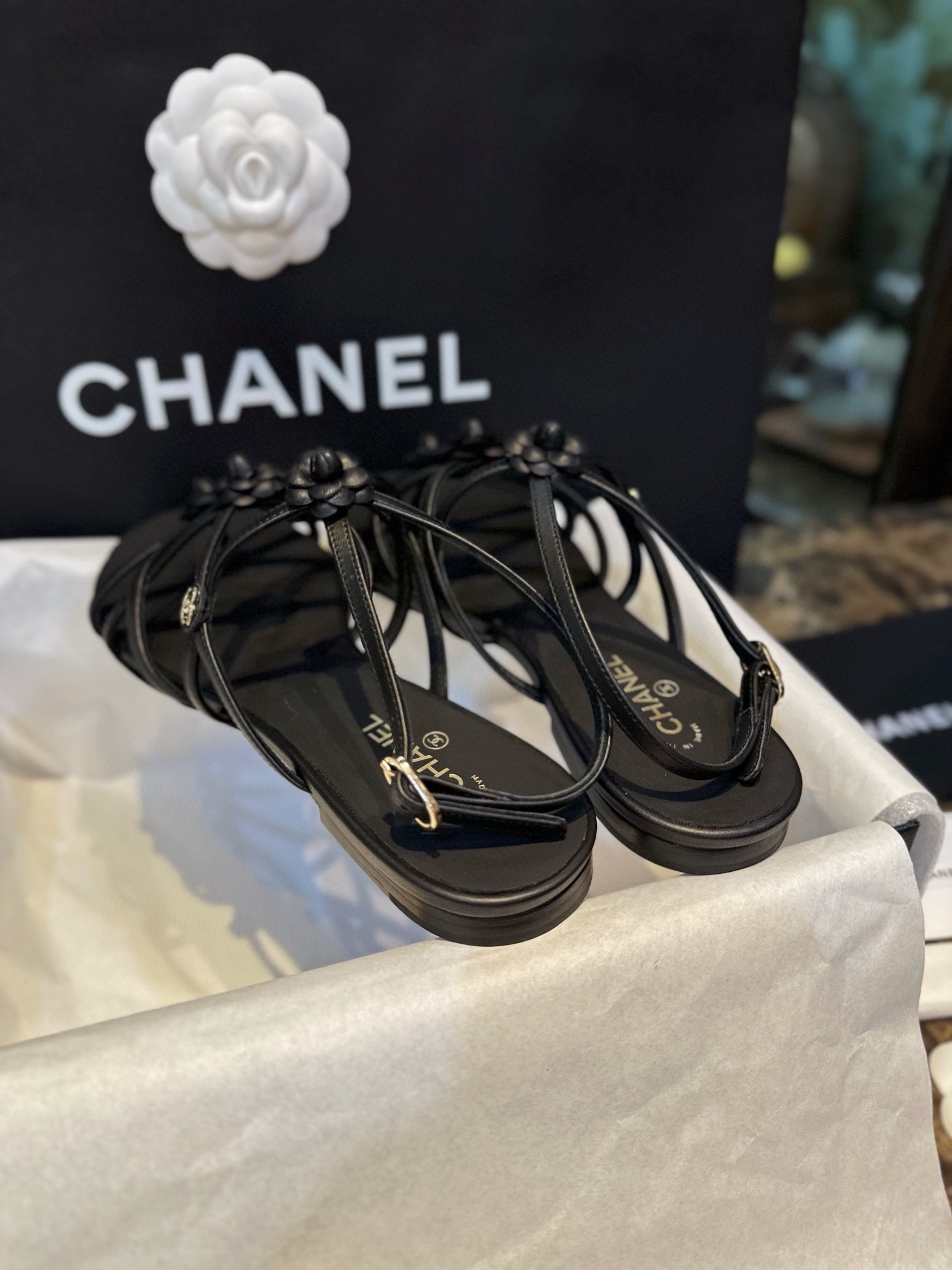 Chanel Black Sheepskin Peep Toe Sandals 