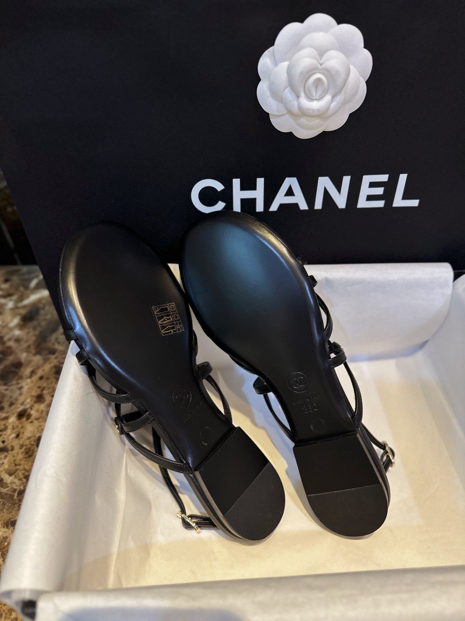 Chanel Black Sheepskin Peep Toe Sandals 