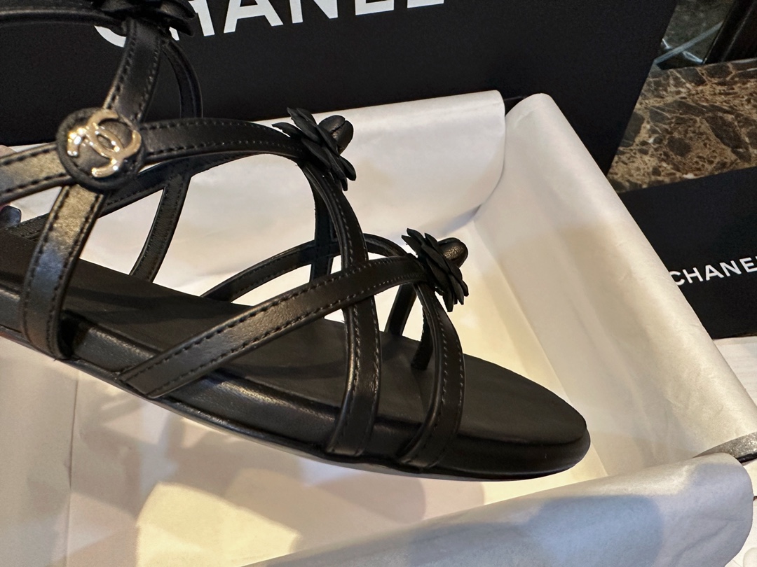 Chanel Black Sheepskin Peep Toe Sandals 