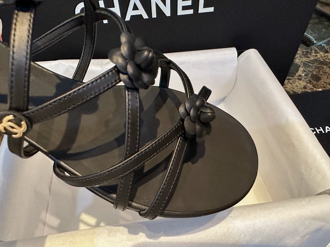 Chanel Black Sheepskin Peep Toe Sandals 