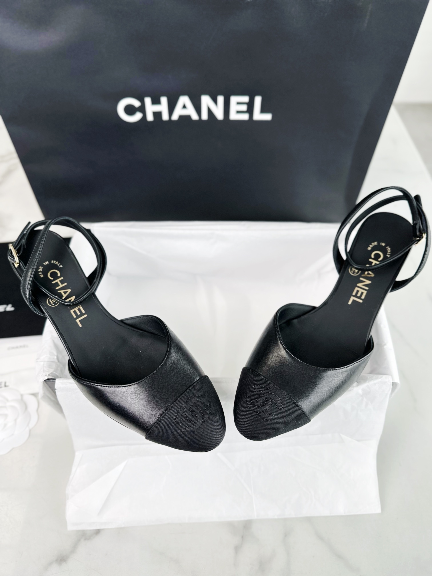 Chanel Black Satin Embroidered Lace-Up Sandals: Sheepskin and 4.5cm Stiletto Heel"


