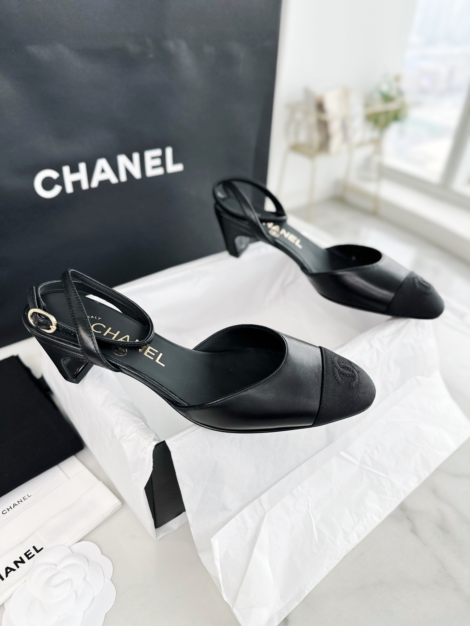 Chanel Black Satin Embroidered Lace-Up Sandals: Sheepskin and 4.5cm Stiletto Heel"


