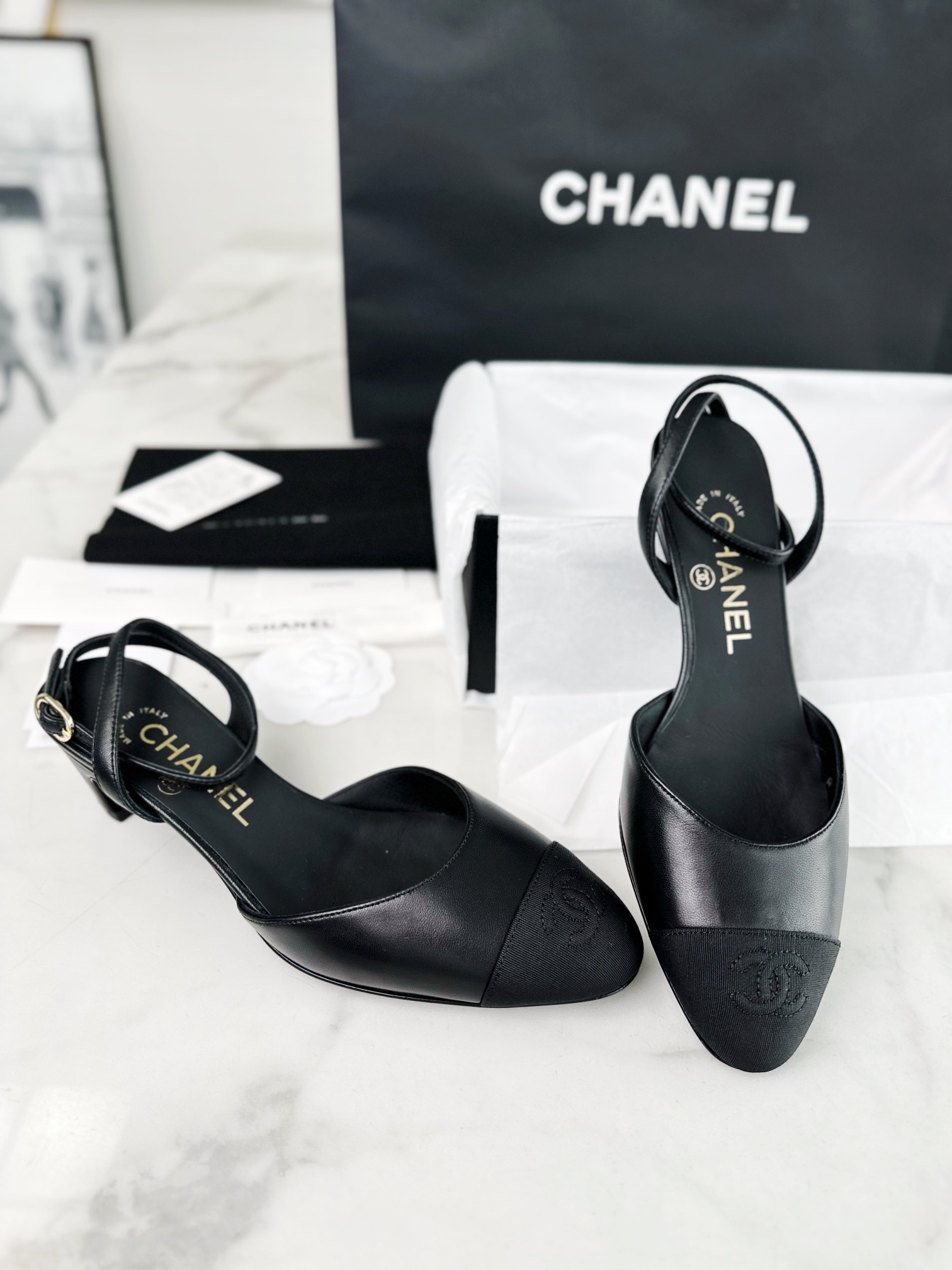 Chanel Black Satin Embroidered Lace-Up Sandals: Sheepskin and 4.5cm Stiletto Heel"


