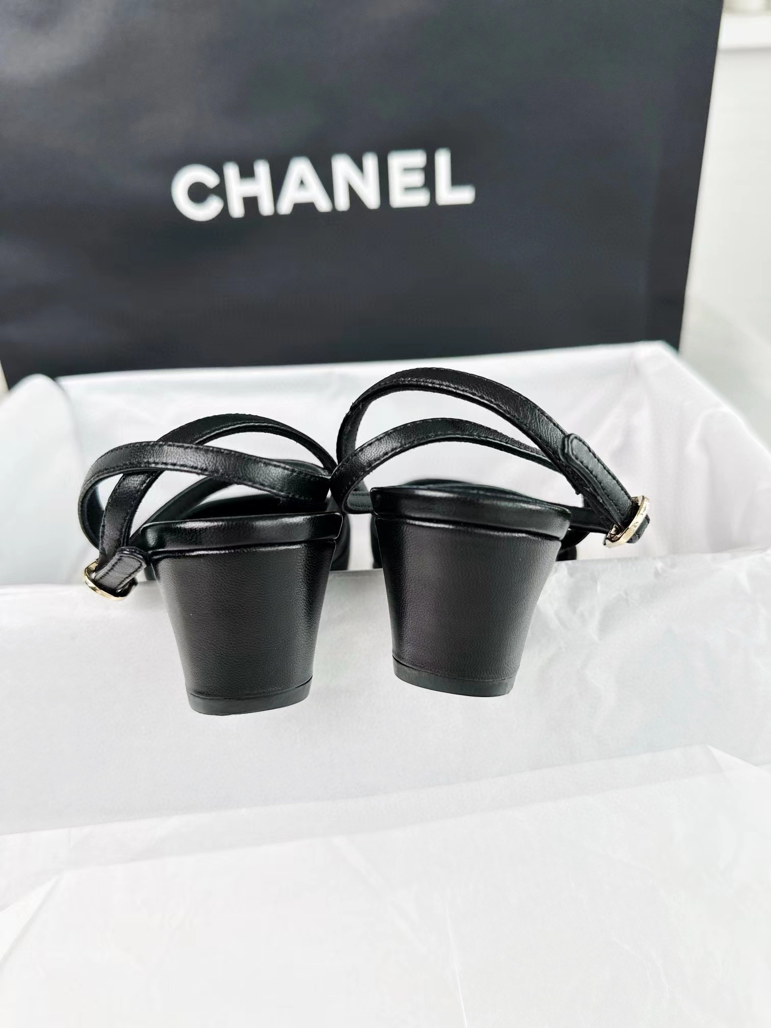 Chanel Black Satin Embroidered Lace-Up Sandals: Sheepskin and 4.5cm Stiletto Heel"


