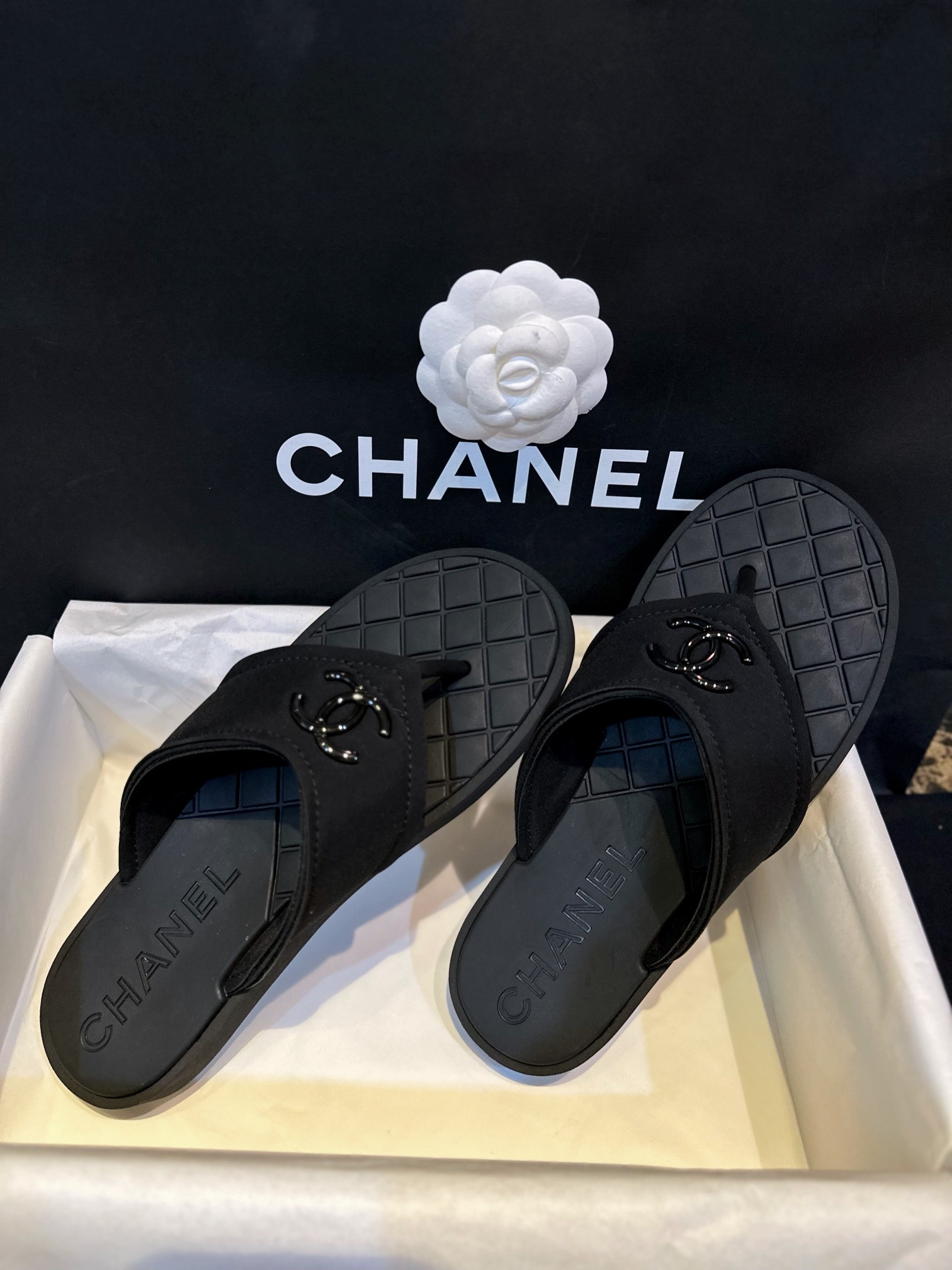 Chanel Black Air Cotton Beach Sandals with Matte Black Buckle and Durable Suede Sole