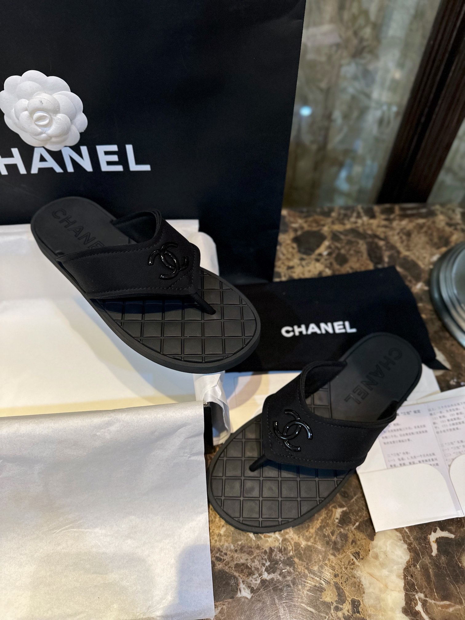 Chanel Black Air Cotton Beach Sandals with Matte Black Buckle and Durable Suede Sole