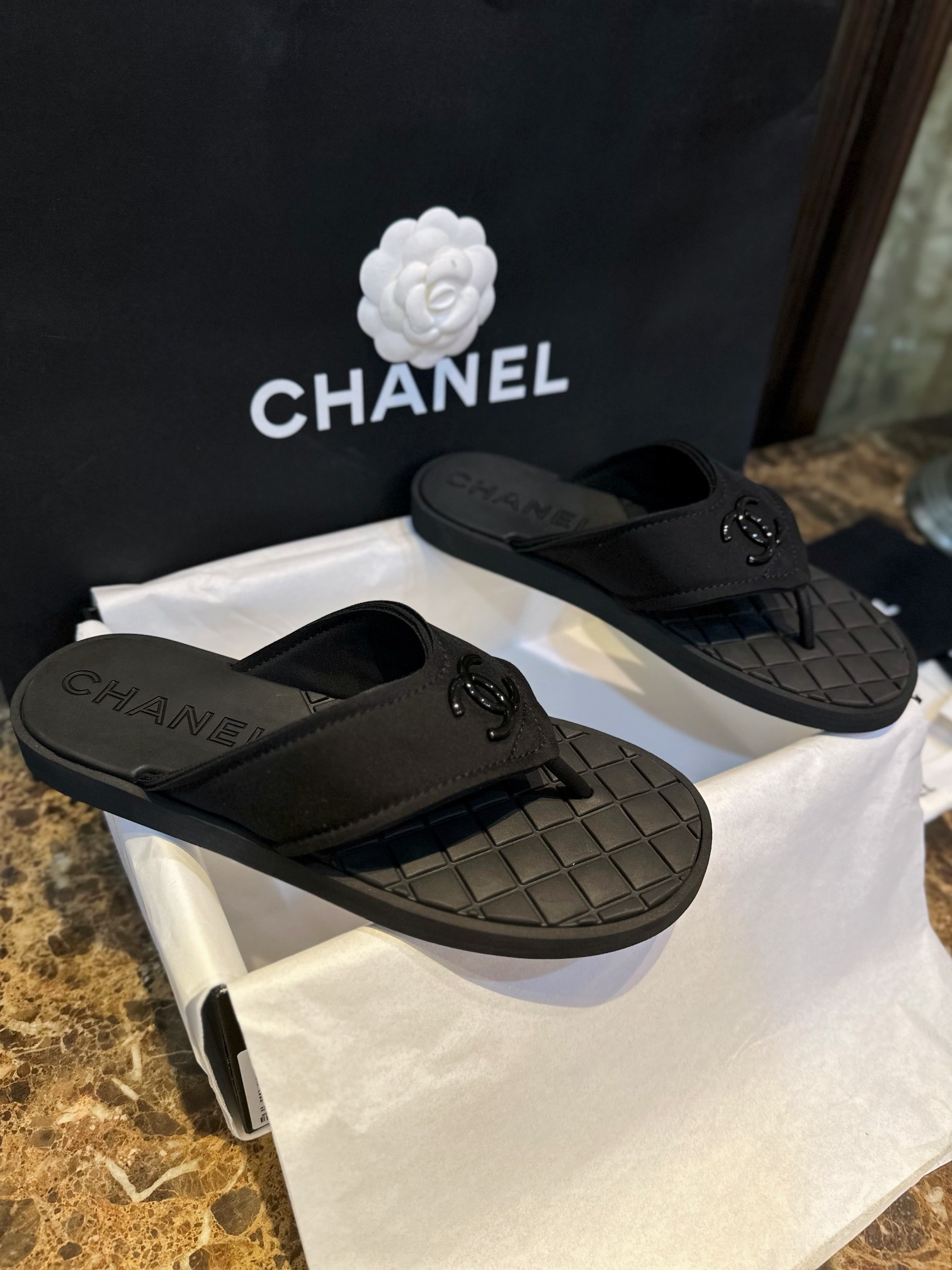 Chanel Black Air Cotton Beach Sandals with Matte Black Buckle and Durable Suede Sole