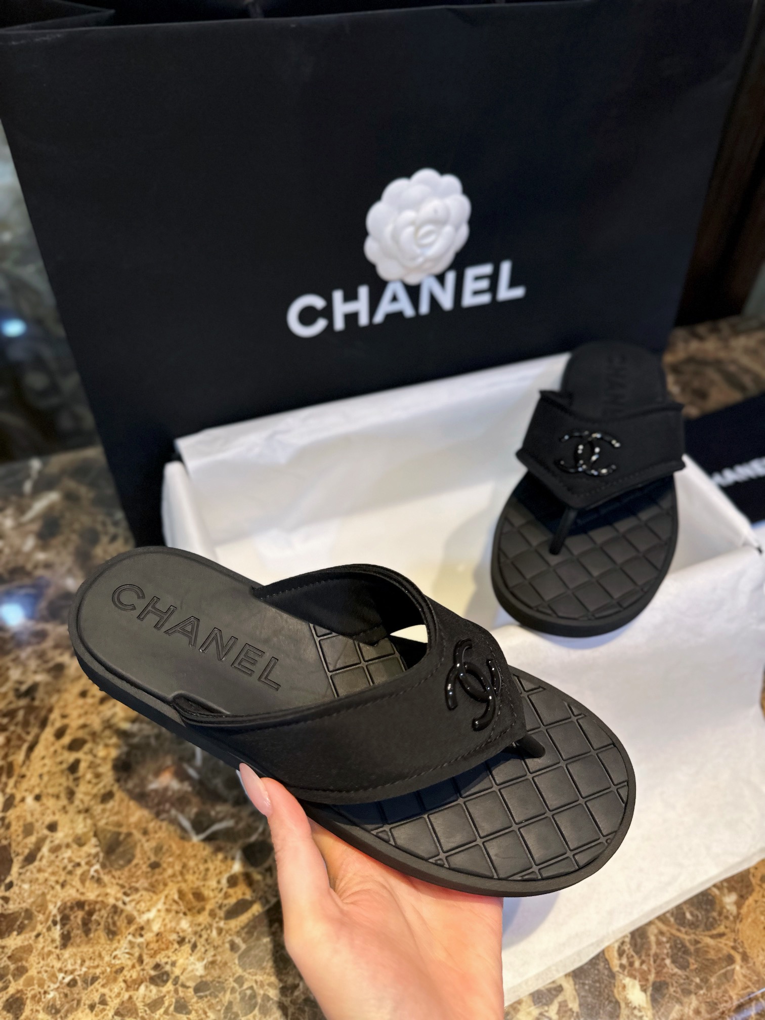 Chanel Black Air Cotton Beach Sandals with Matte Black Buckle and Durable Suede Sole